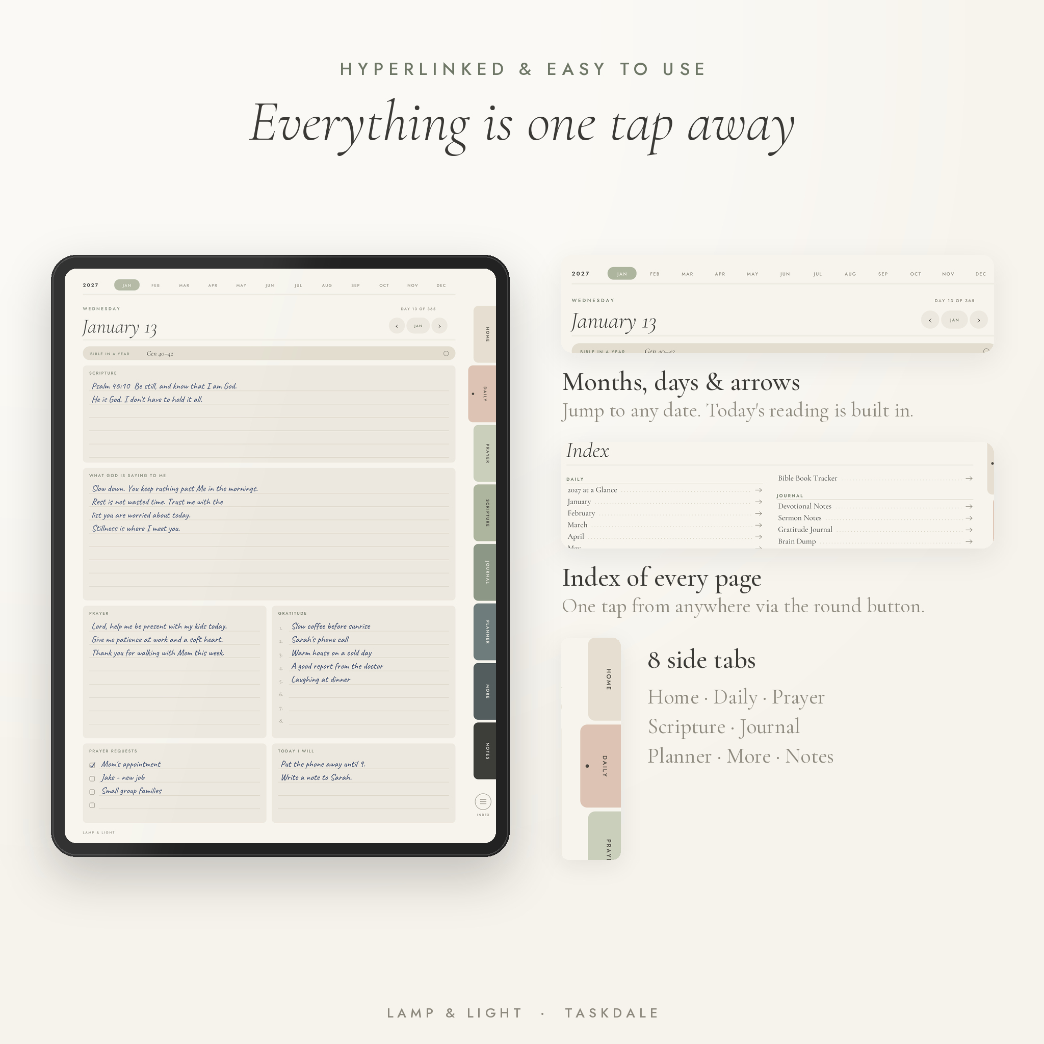 Hyperlinked prayer journal daily page with month strip, index and side tabs
