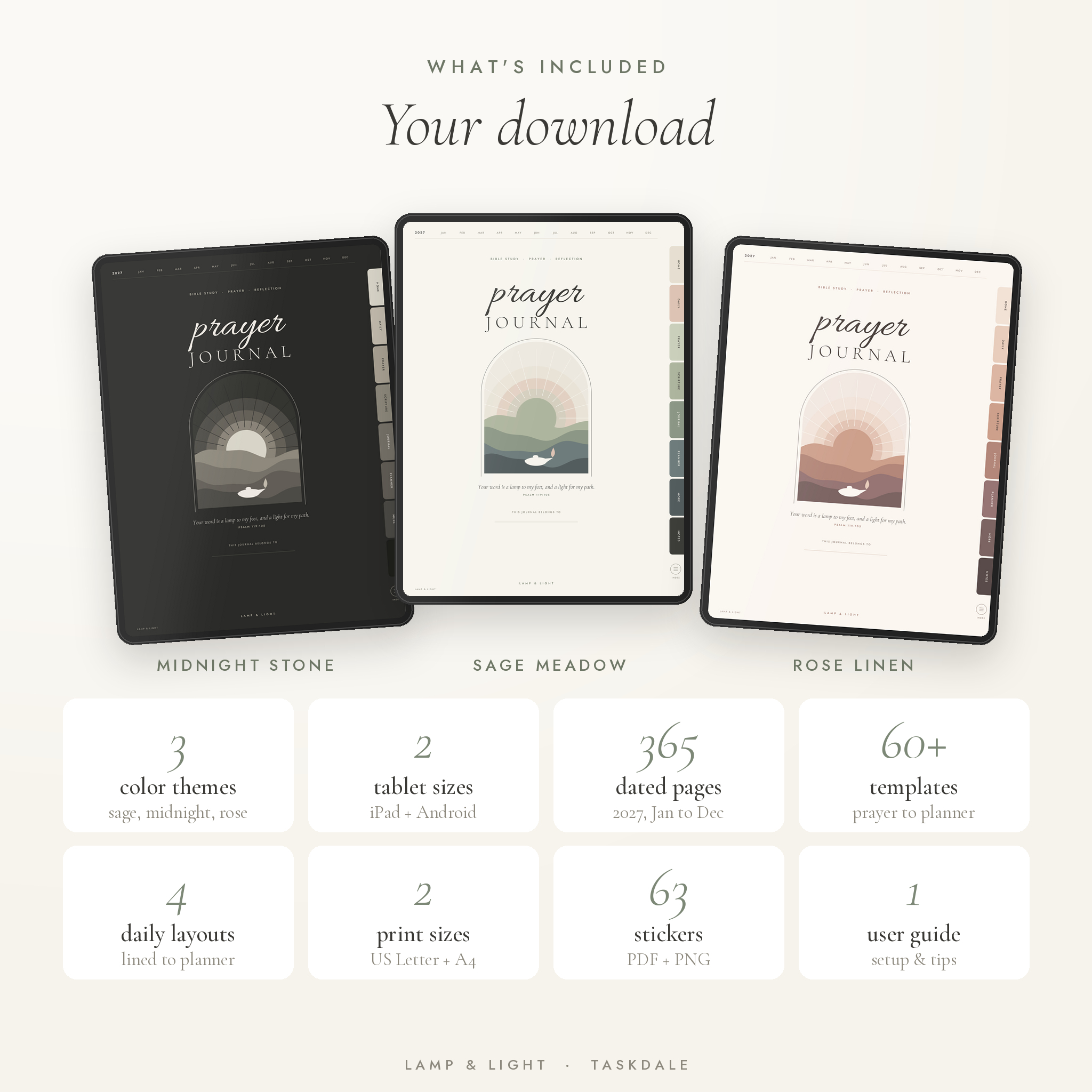 Prayer journal download contents: 3 color themes, iPad and Android sizes, printables, stickers