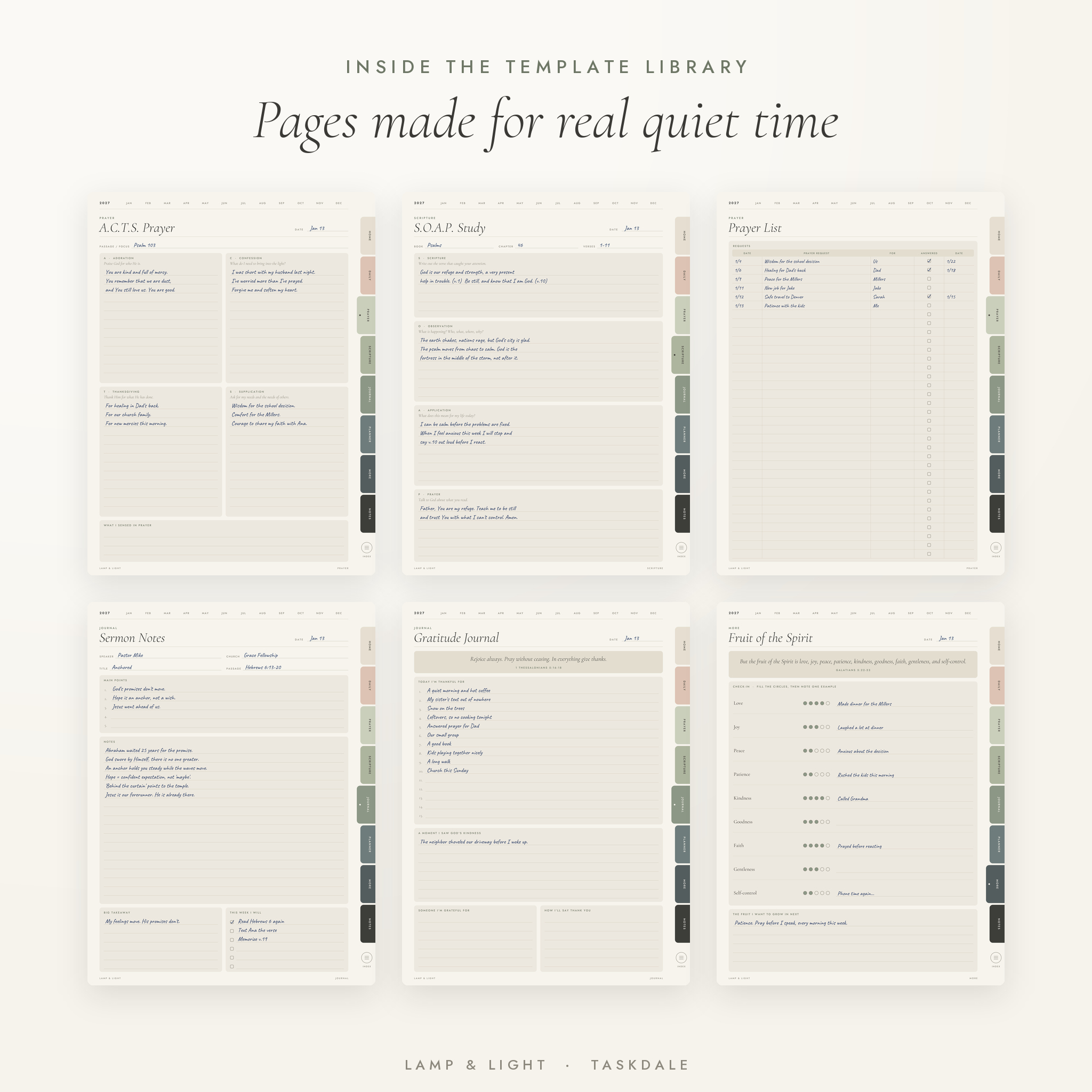 Filled prayer journal pages: A.C.T.S. prayer, S.O.A.P. study, prayer list, sermon notes, gratitude, fruit of the Spirit