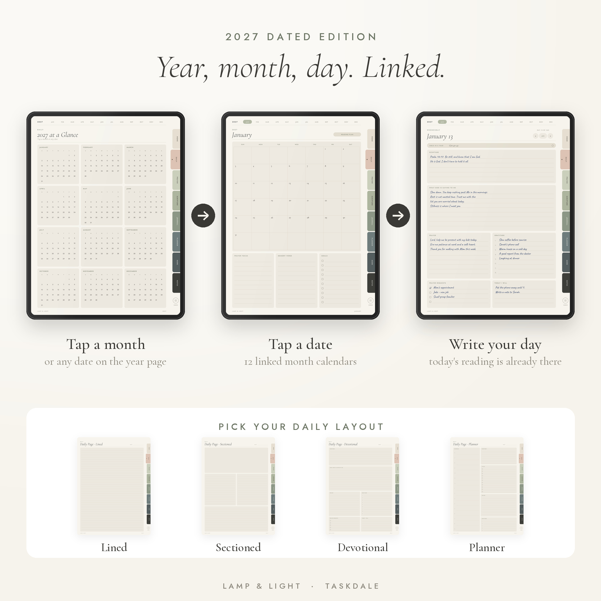 2027 dated prayer journal year, month and daily pages with four daily layouts