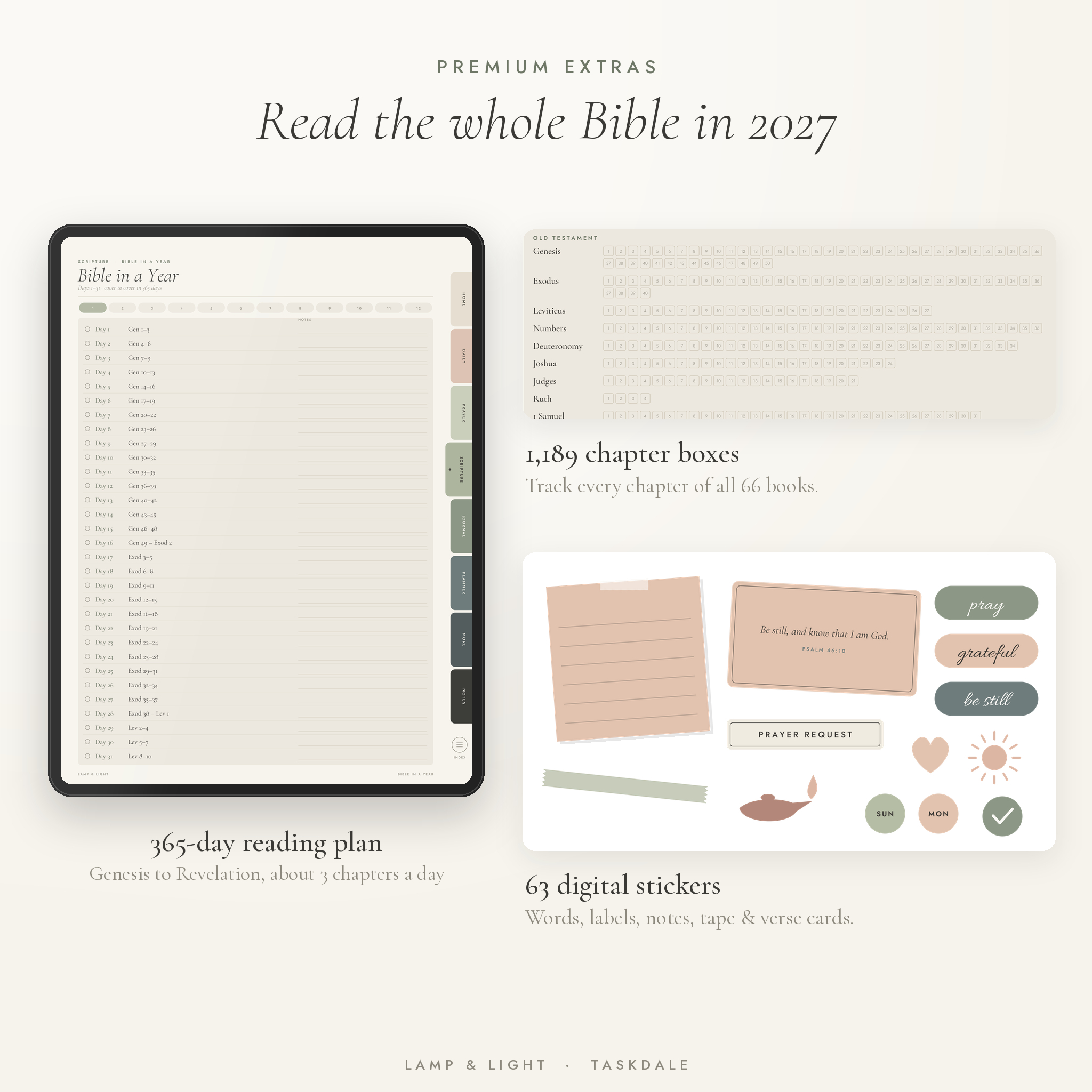 Bible in a Year reading plan, Bible book chapter tracker and digital stickers