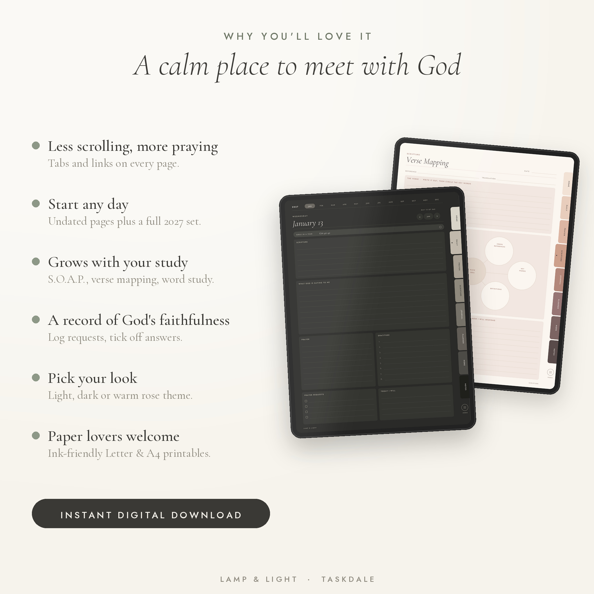 Prayer journal benefits in dark and rose themes with verse mapping page