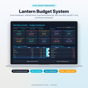Lantern Budget System Excel cash envelope and sinking fund budget spreadsheet dashboard on a laptop