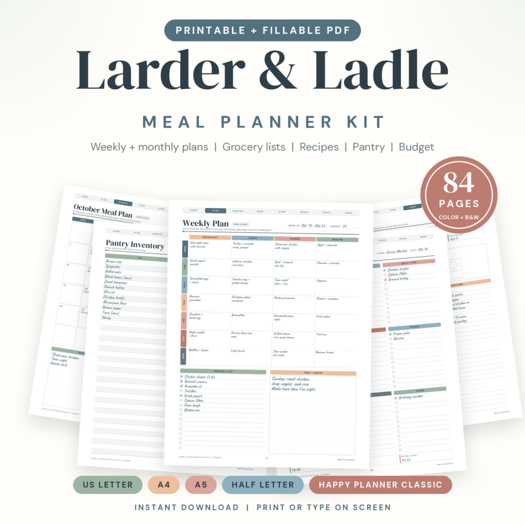 Larder and Ladle meal planner printable kit with 84 fillable pages in five paper sizes