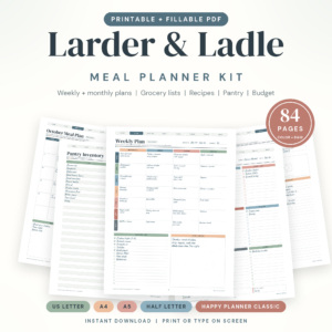 Larder and Ladle meal planner printable kit with 84 fillable pages in five paper sizes