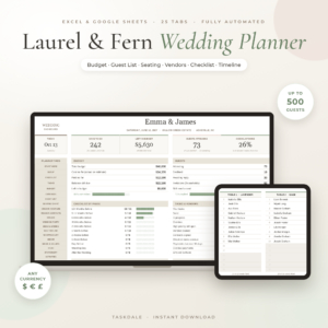 Laurel & Fern wedding planner spreadsheet dashboard on laptop and tablet, Google Sheets and Excel