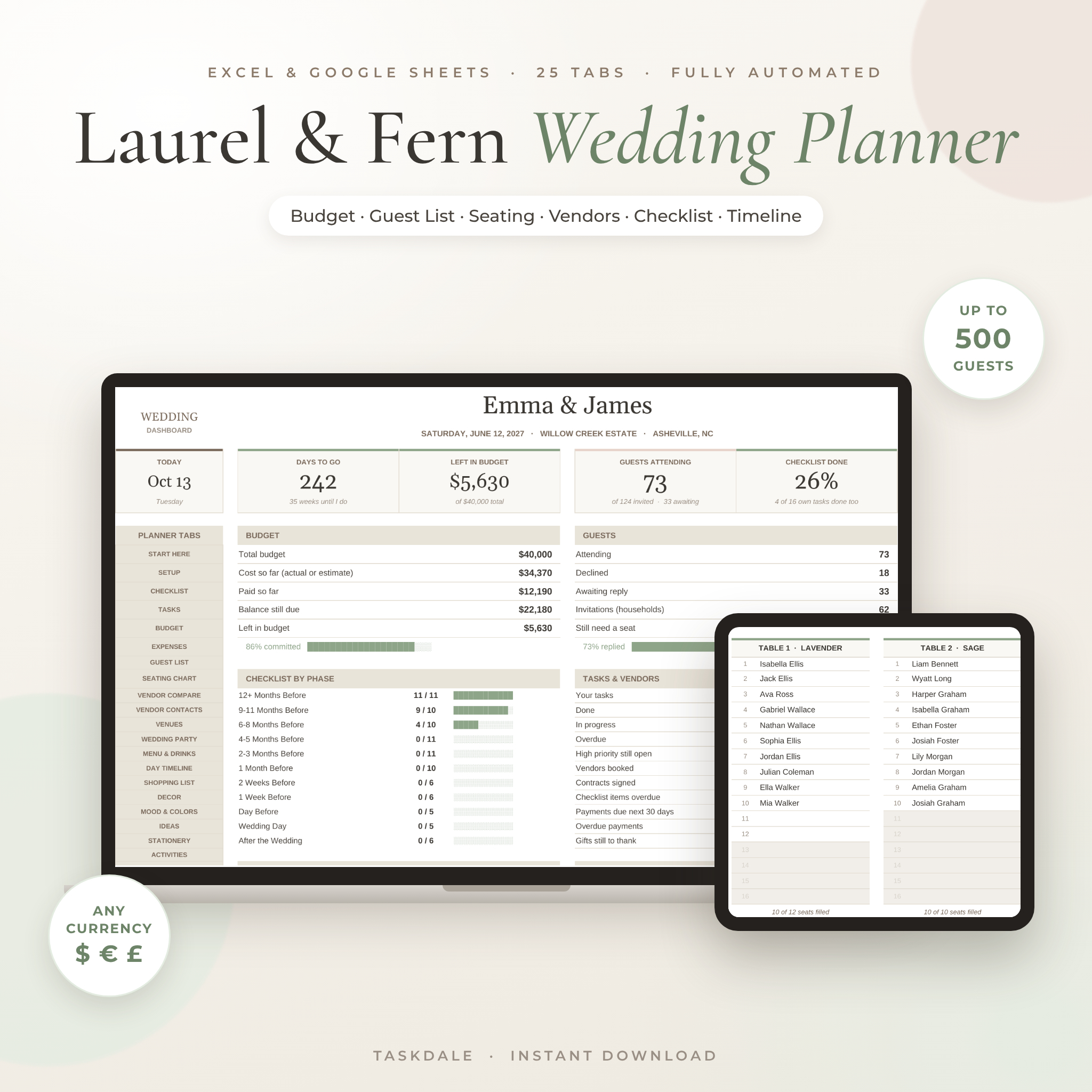 Laurel & Fern wedding planner spreadsheet dashboard on laptop and tablet, Google Sheets and Excel