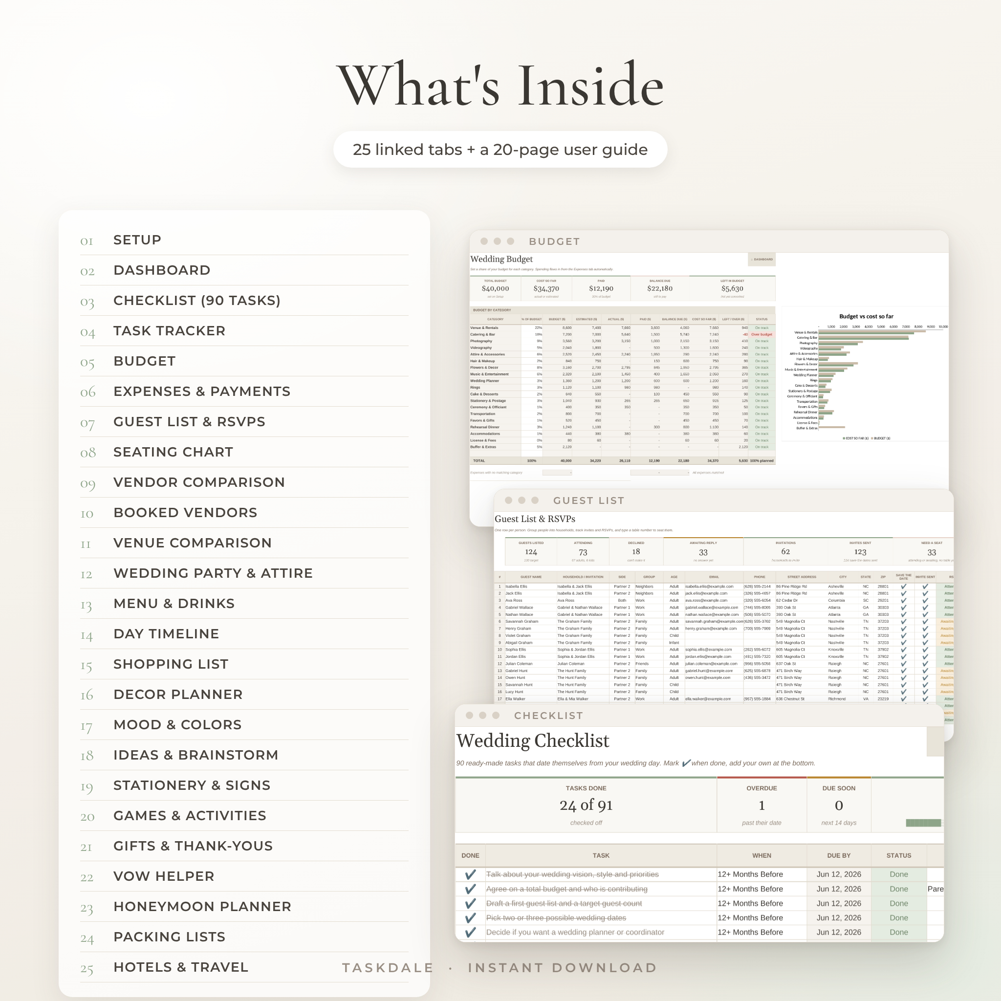What's inside the wedding planner spreadsheet: 25 linked tabs