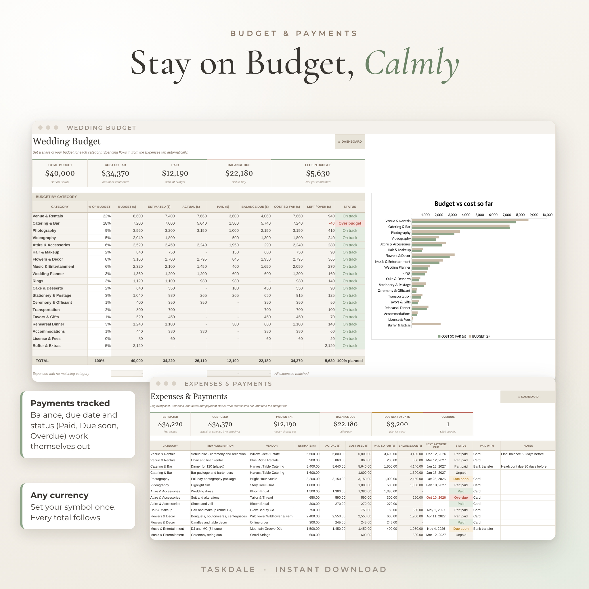Wedding budget tracker and expenses with payment status