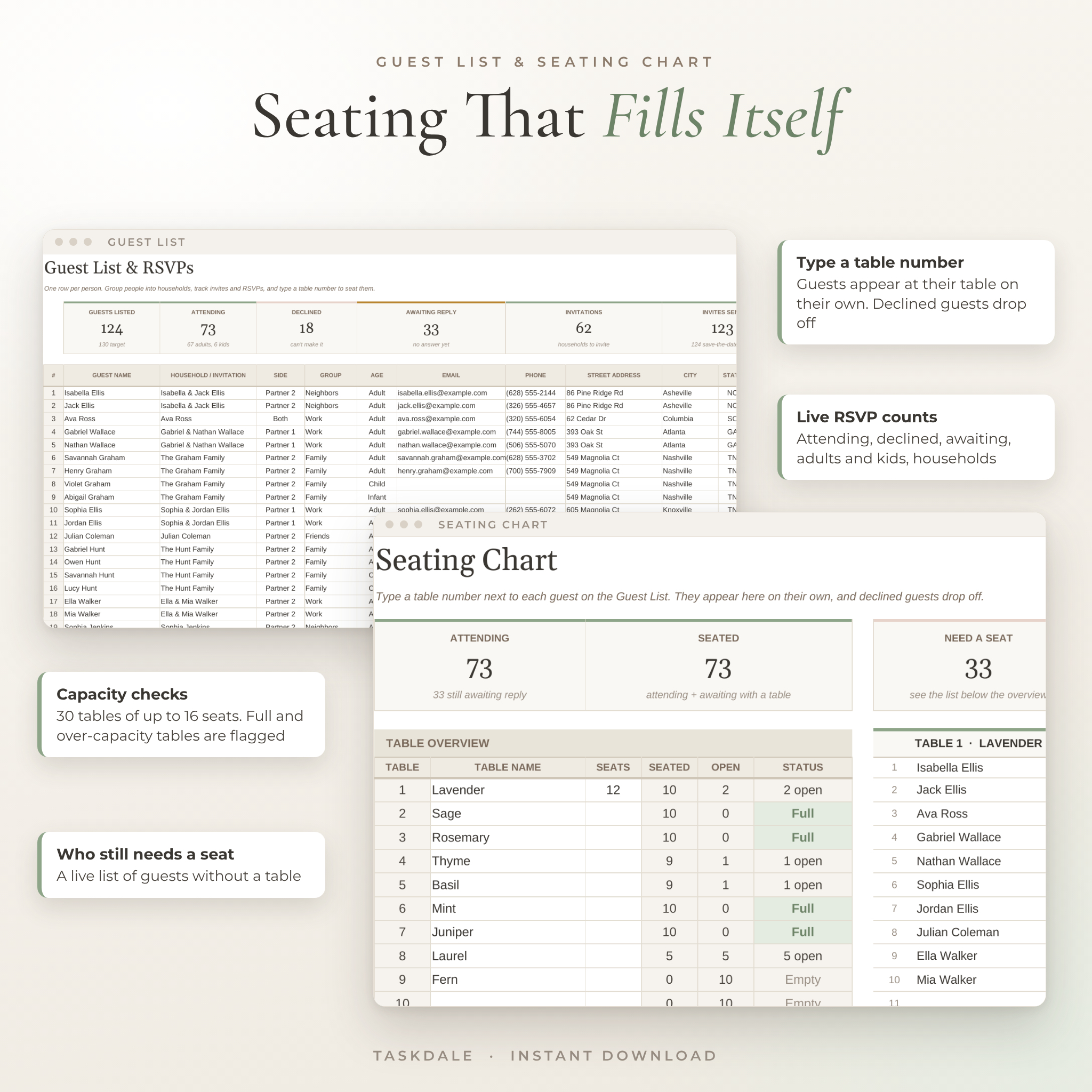 Wedding guest list with RSVP tracking and automatic seating chart