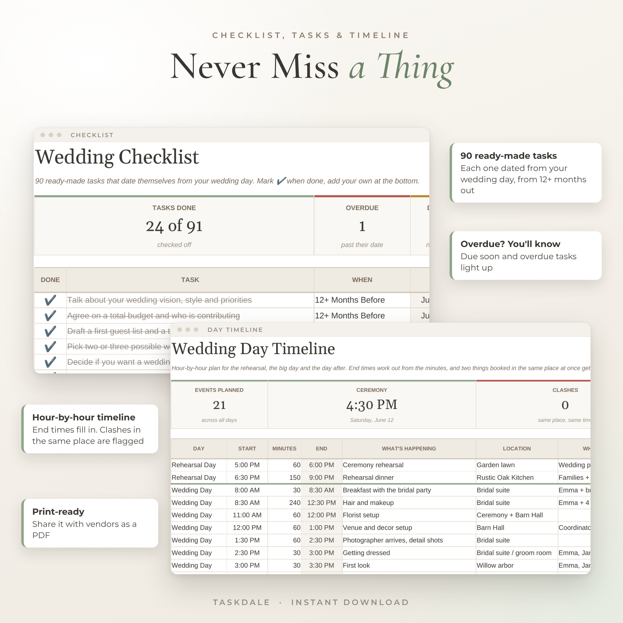 Wedding checklist dated from the wedding day and day-of timeline