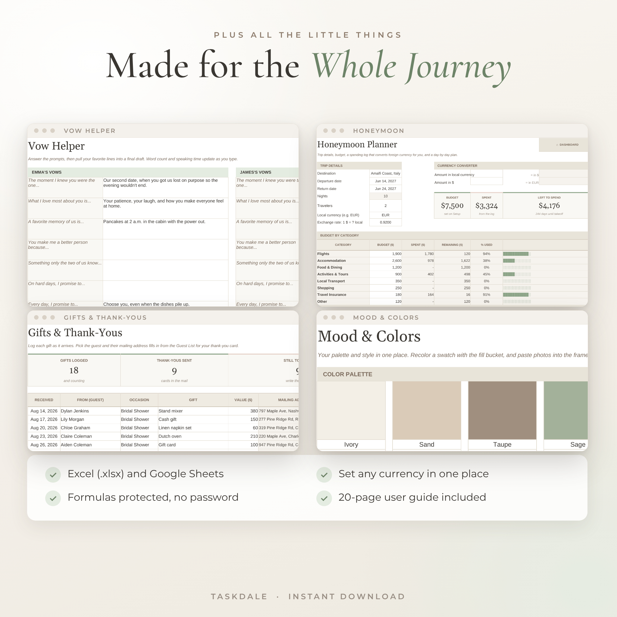 Vow helper, honeymoon planner, gift tracker and mood board tabs
