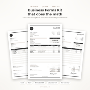 Invoice, quote and receipt template kit with auto-calculating Excel invoice