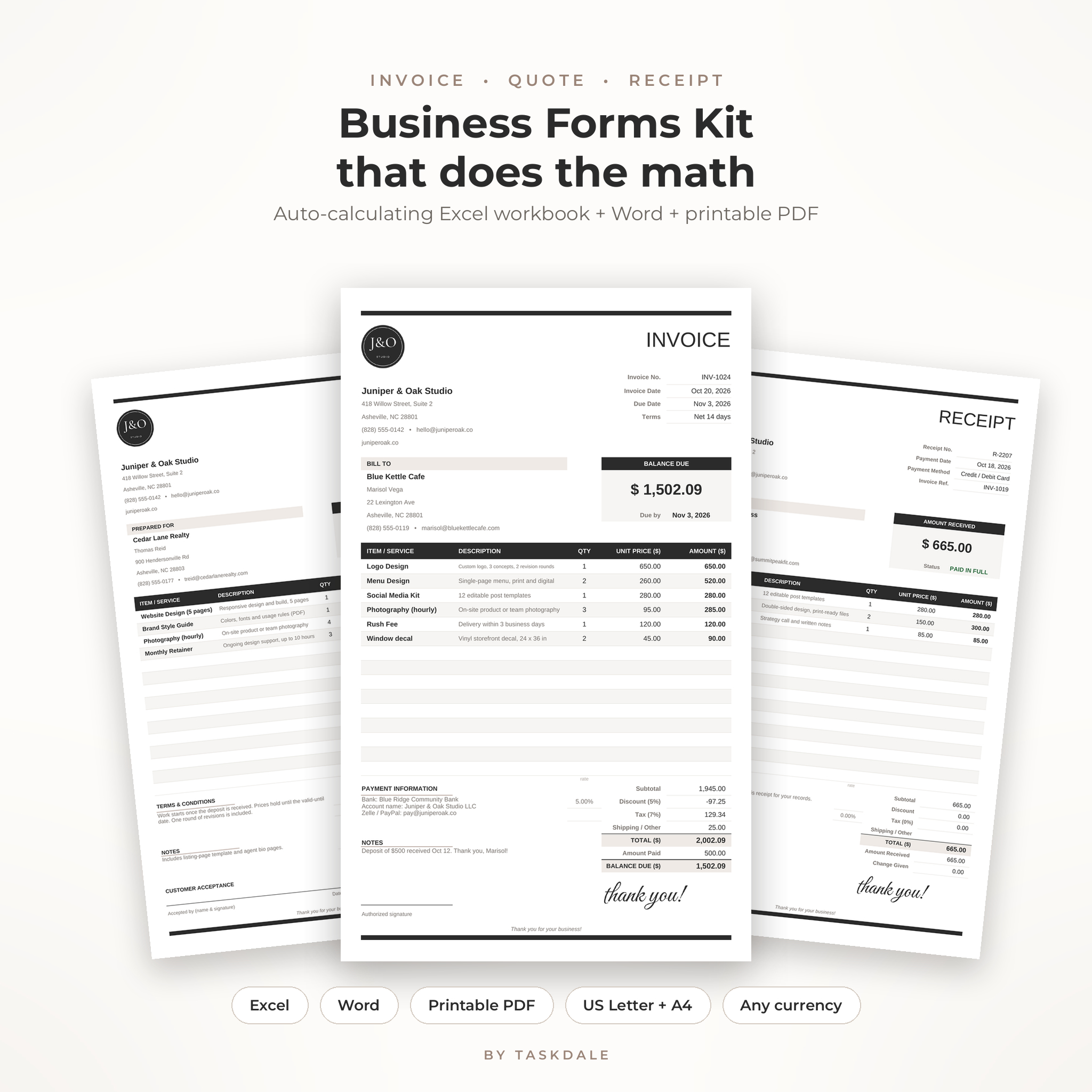 Invoice, quote and receipt template kit with auto-calculating Excel invoice