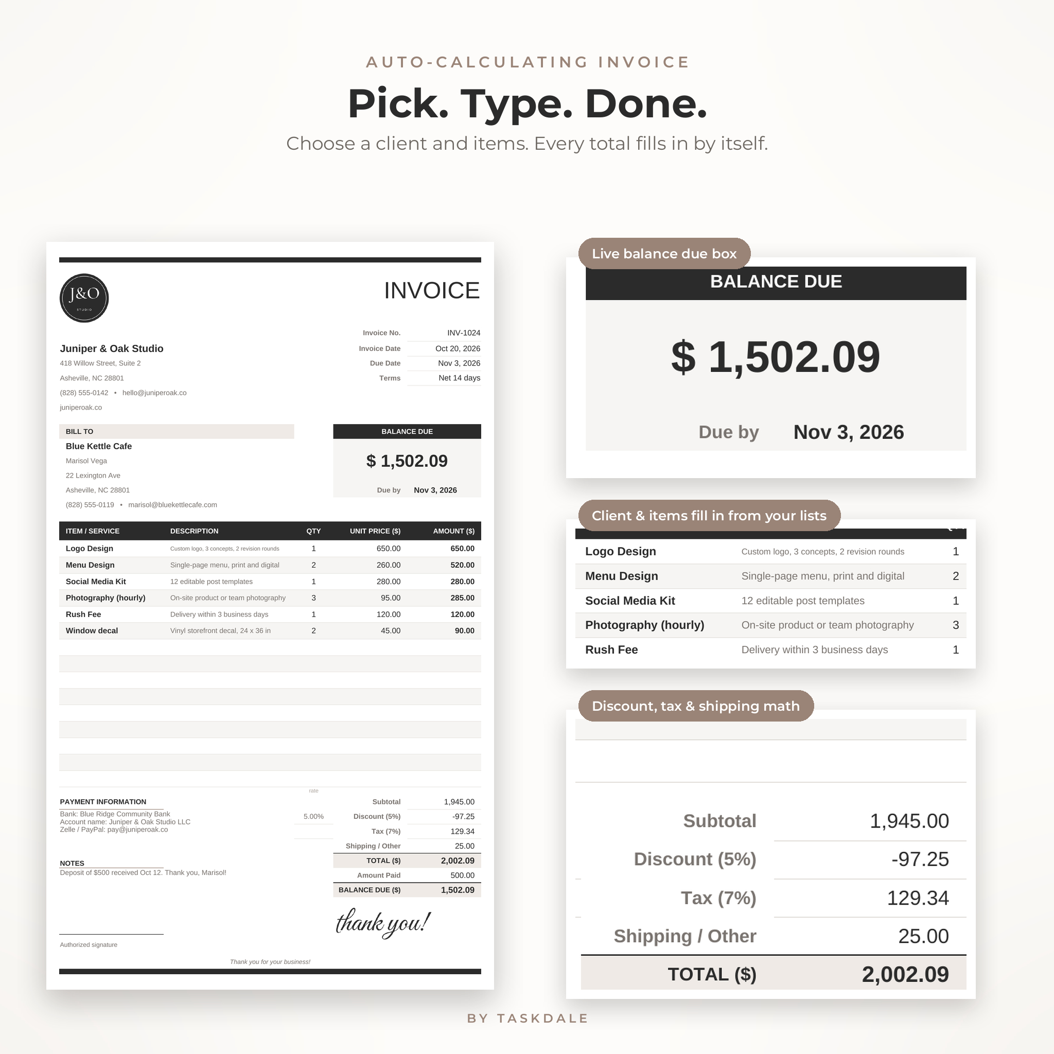 Auto-calculating Excel invoice template with balance due, client and item dropdowns