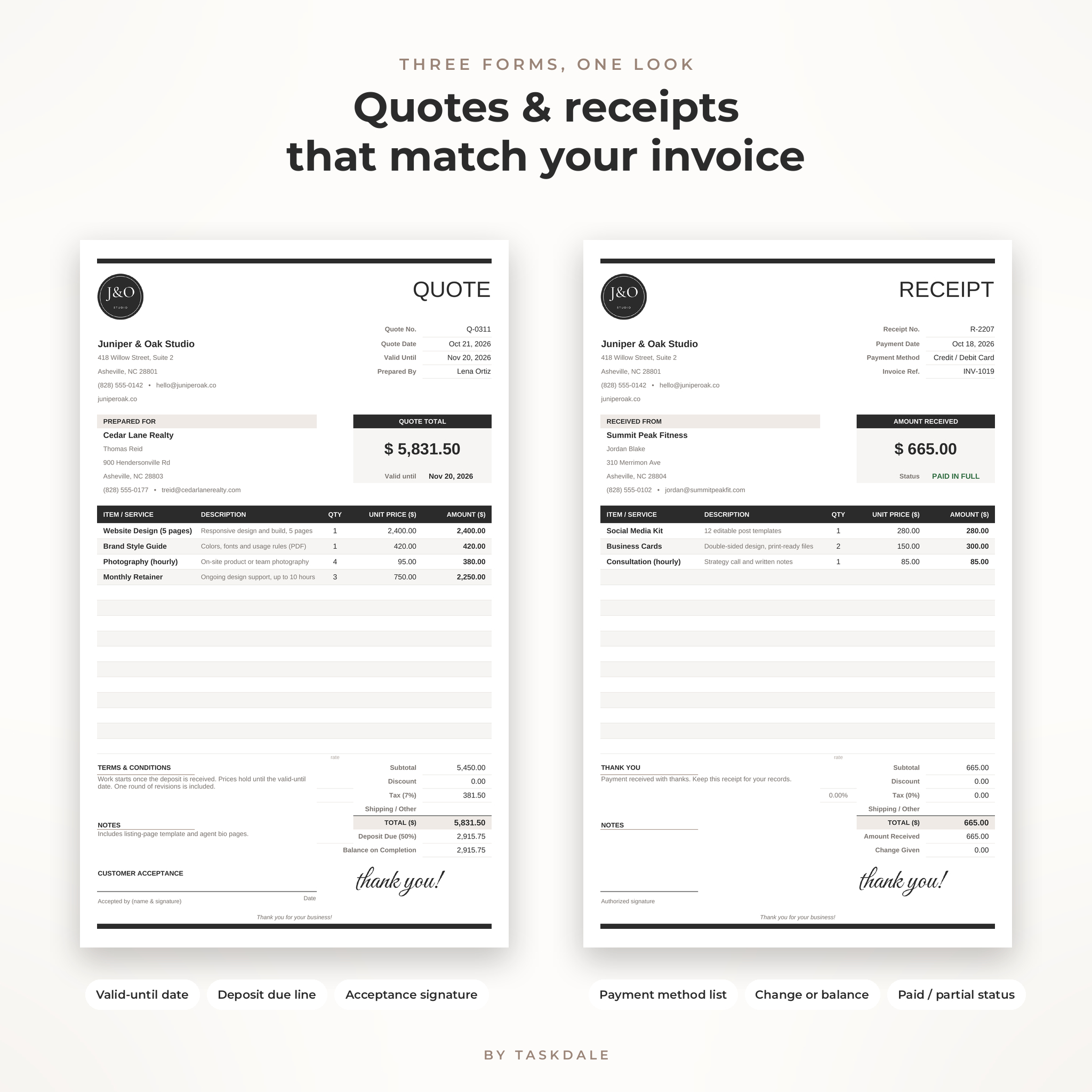 Matching quote template and receipt template for small business