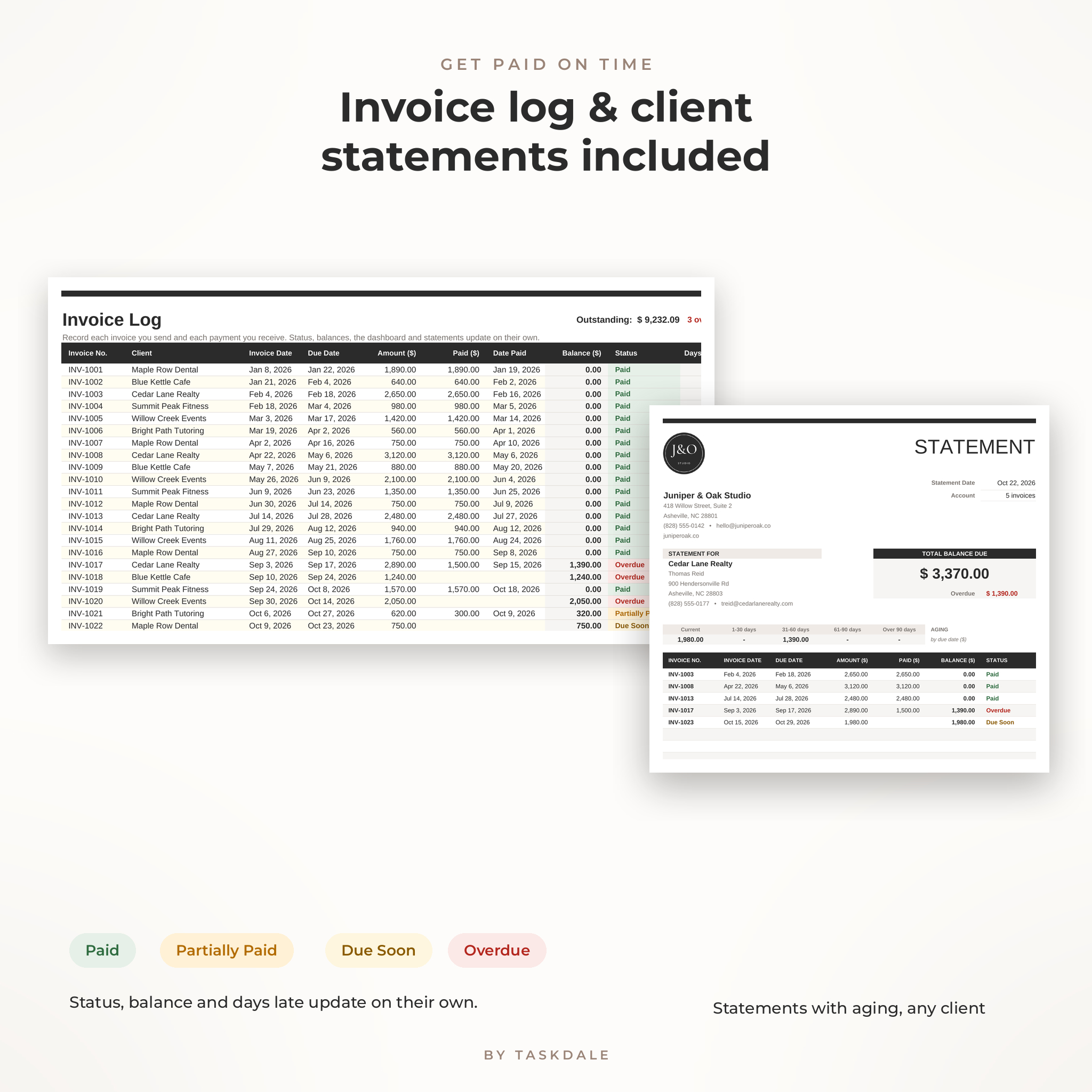 Invoice log tracker and client statement of account with aging