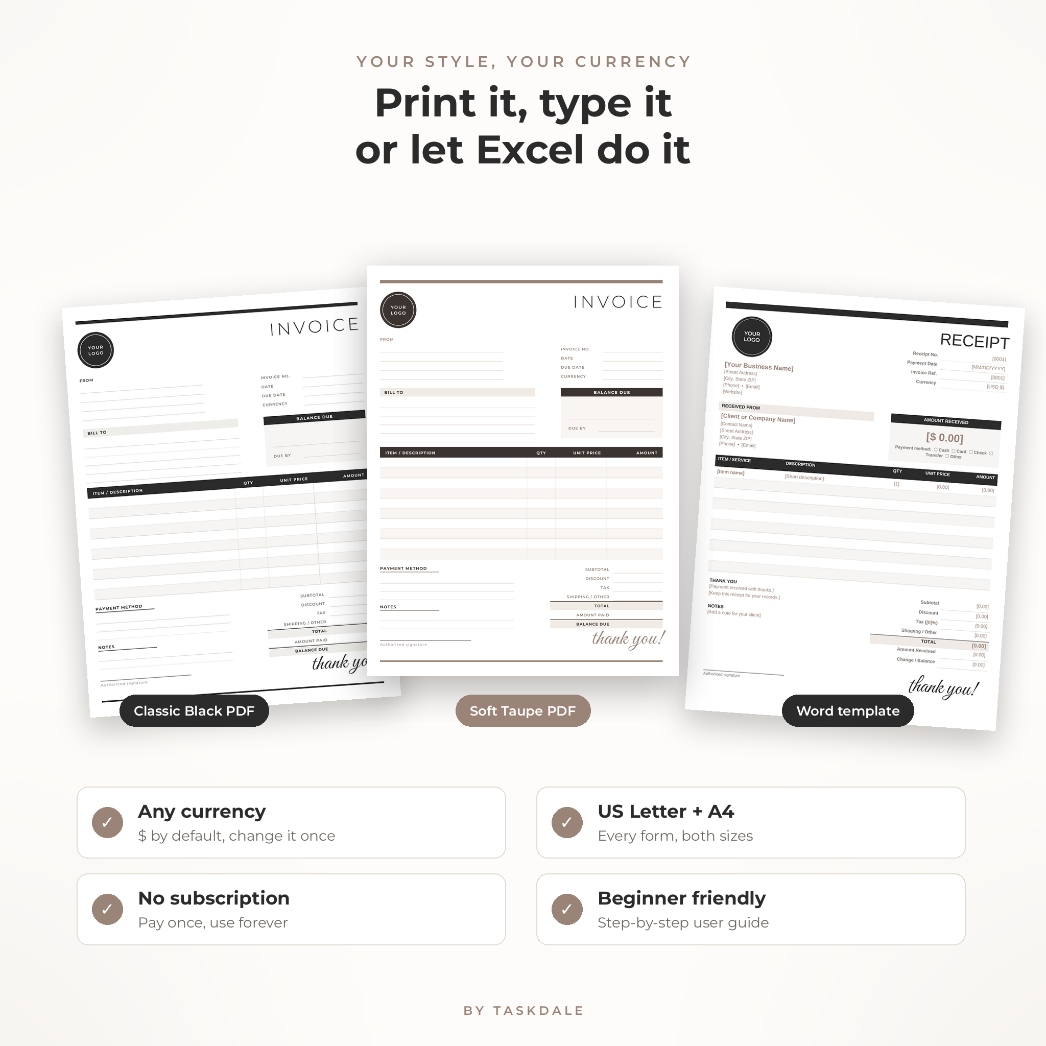 Printable invoice PDF in black and taupe plus editable Word receipt template