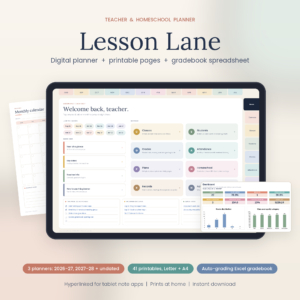 Lesson Lane digital teacher planner on iPad with dashboard and printable page
