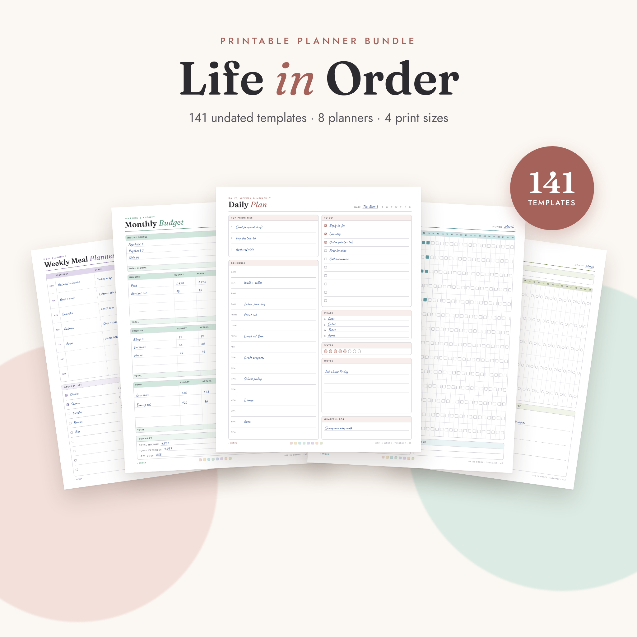 Life in Order printable planner bundle with 141 undated pages