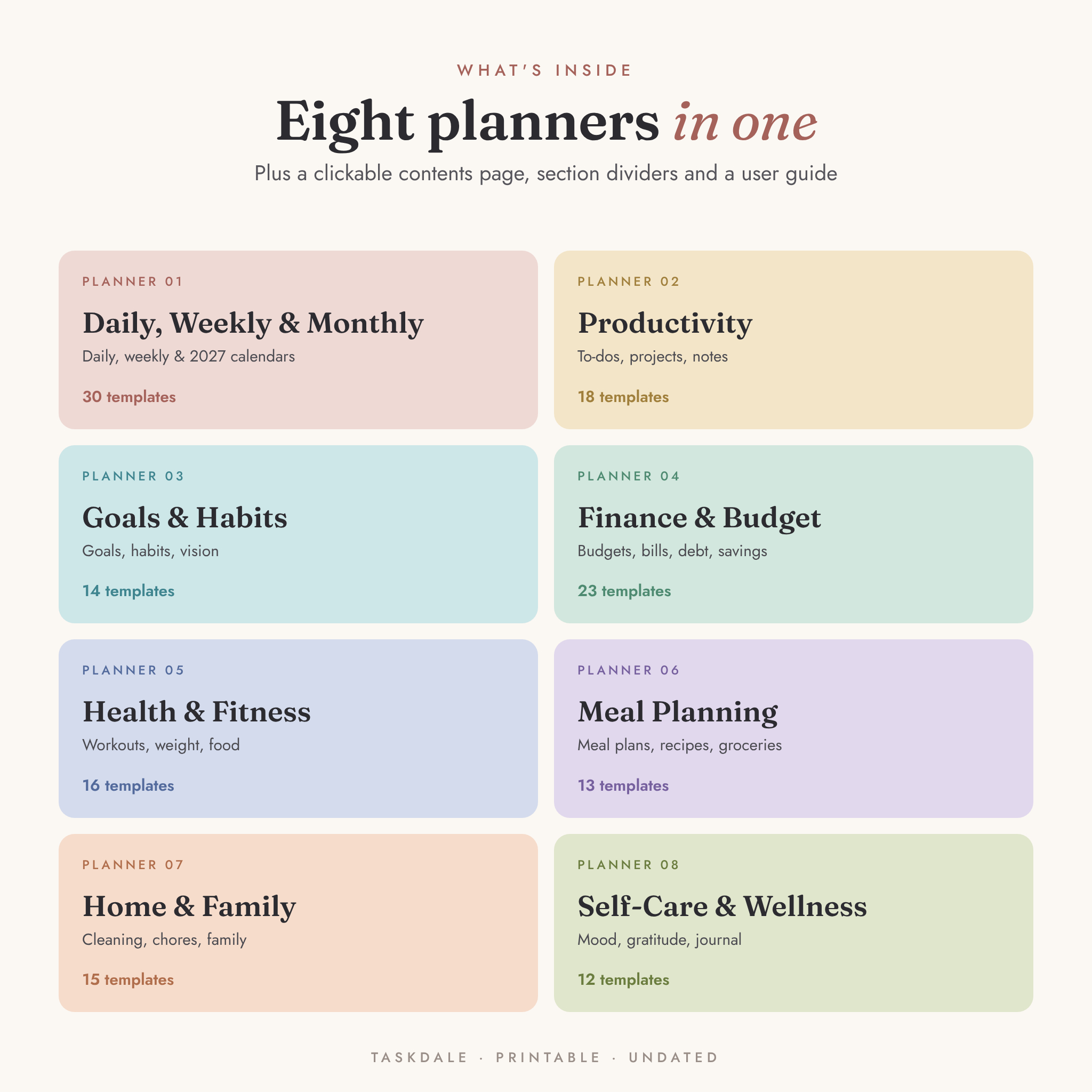 Eight planners included: daily, productivity, goals, finance, fitness, meals, home, self-care
