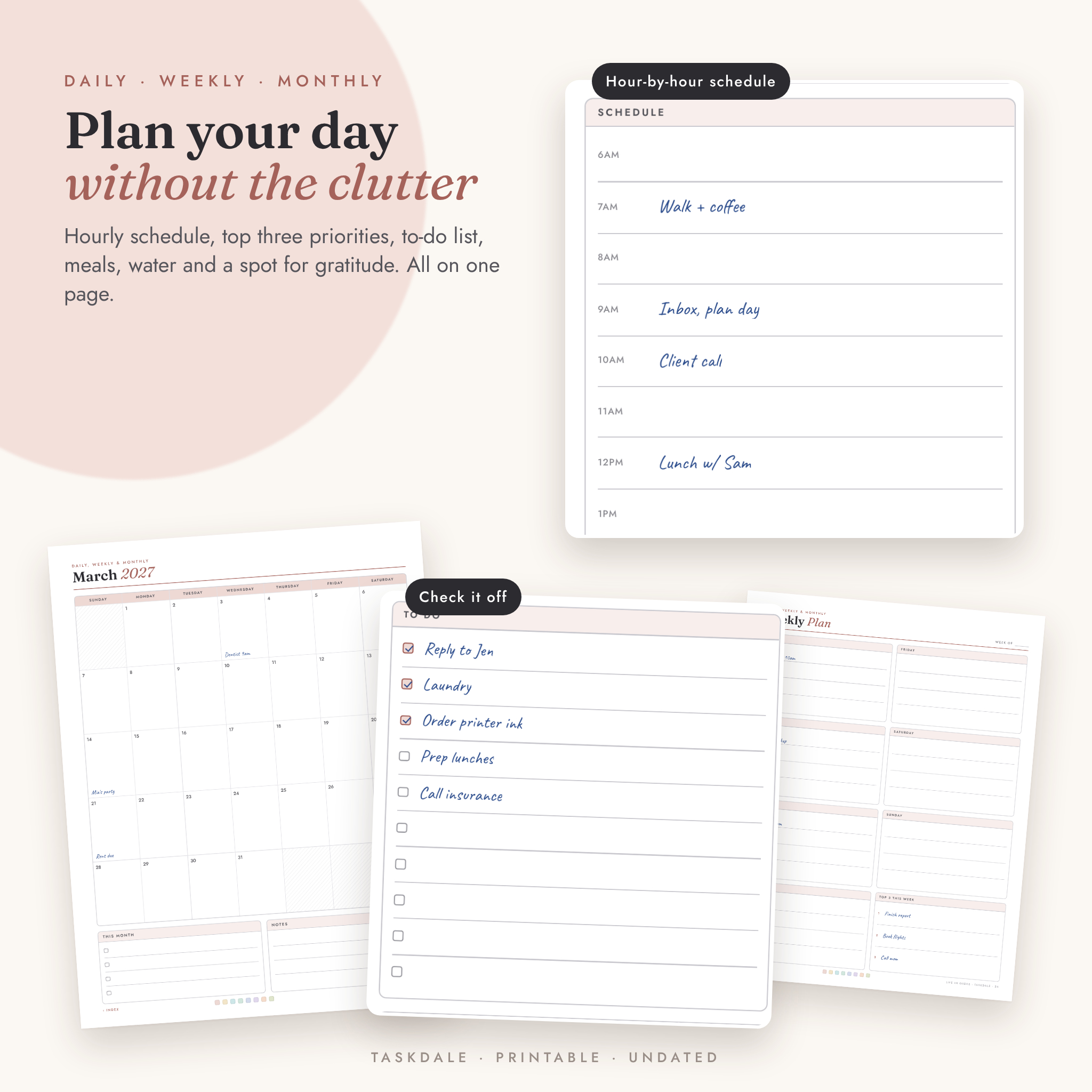 Daily plan printable with hourly schedule and to-do list