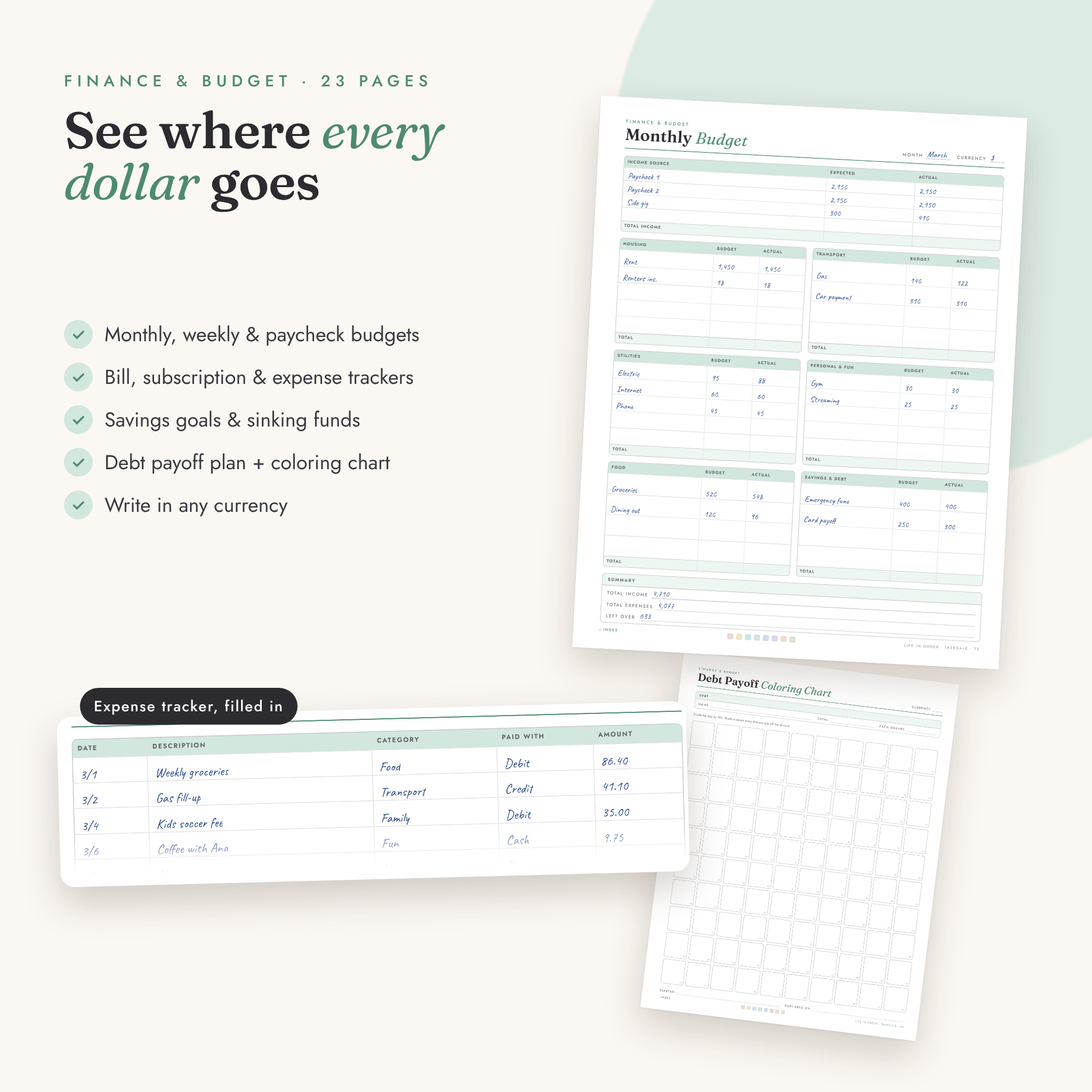Monthly budget and expense tracker printable pages