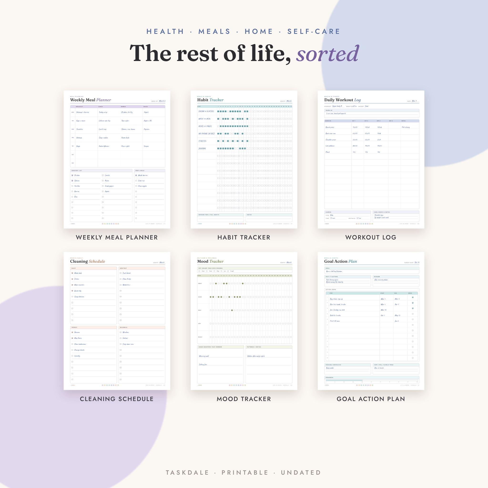 Meal planner, habit tracker, workout log, cleaning schedule and mood tracker pages