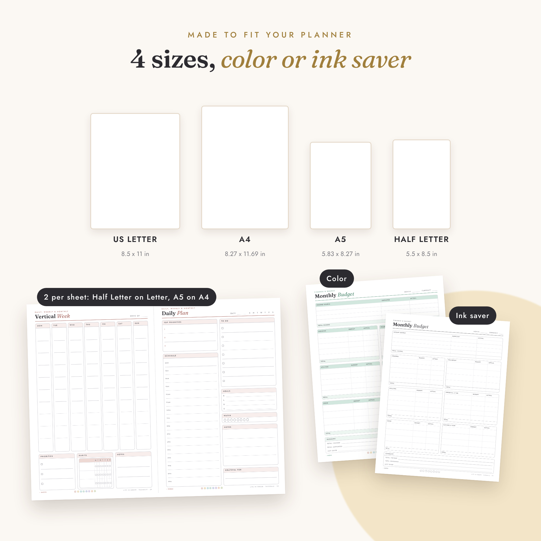 Planner sizes: US Letter, A4, A5, Half Letter, plus ink saver version