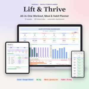 Lift & Thrive workout planner spreadsheet with fitness dashboard on laptop