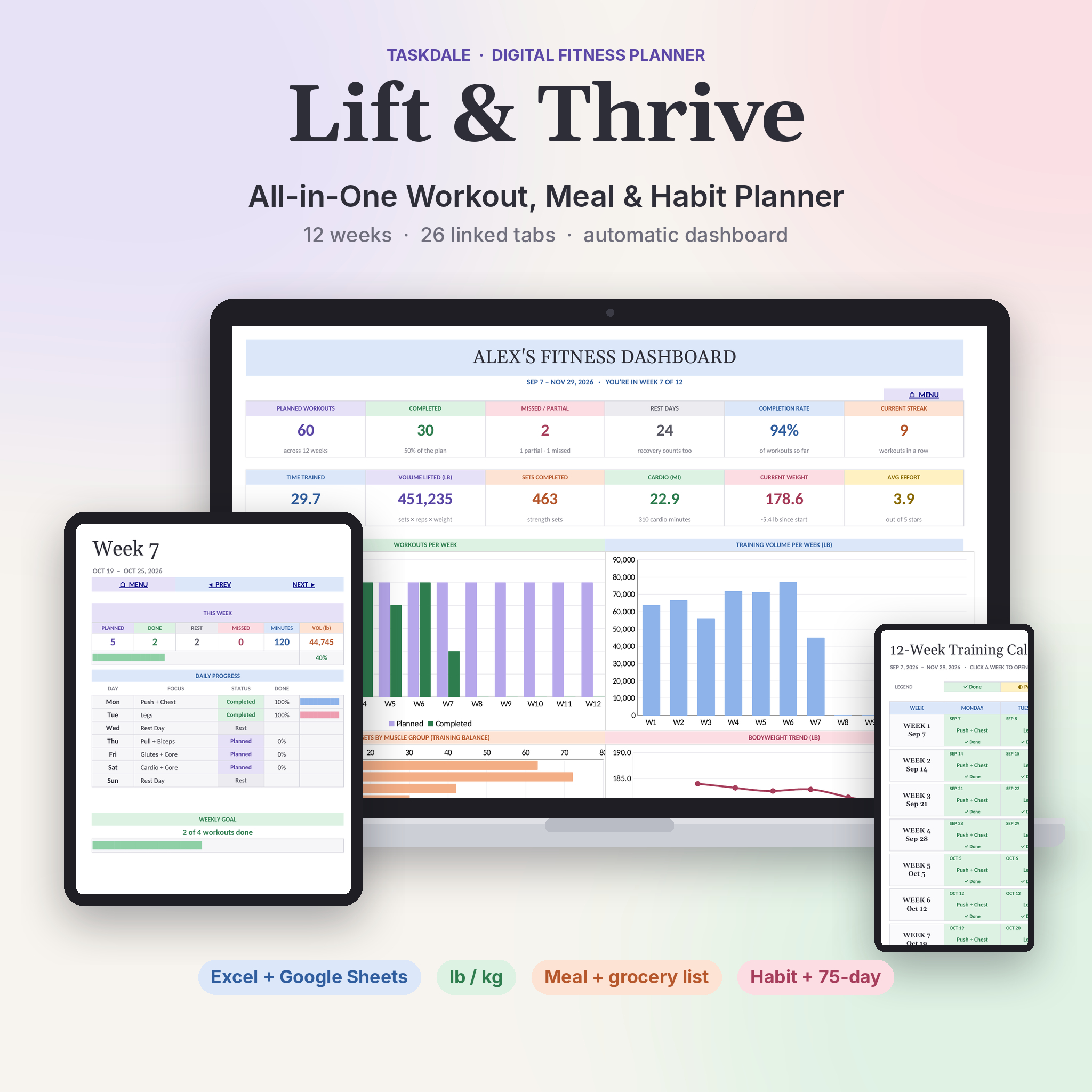 Lift & Thrive workout planner spreadsheet with fitness dashboard on laptop