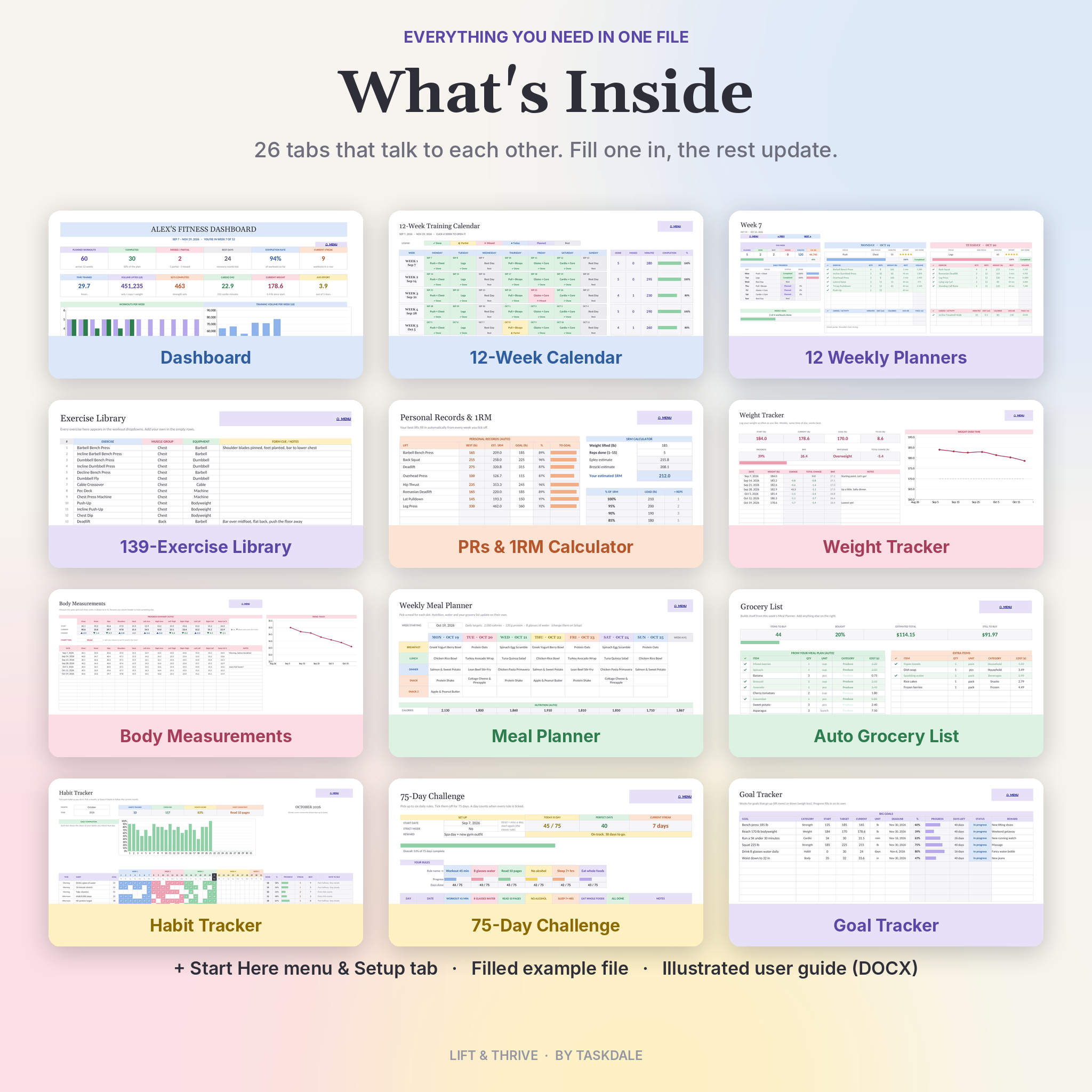 What is inside the fitness planner: 26 tabs including meal planner and habit tracker