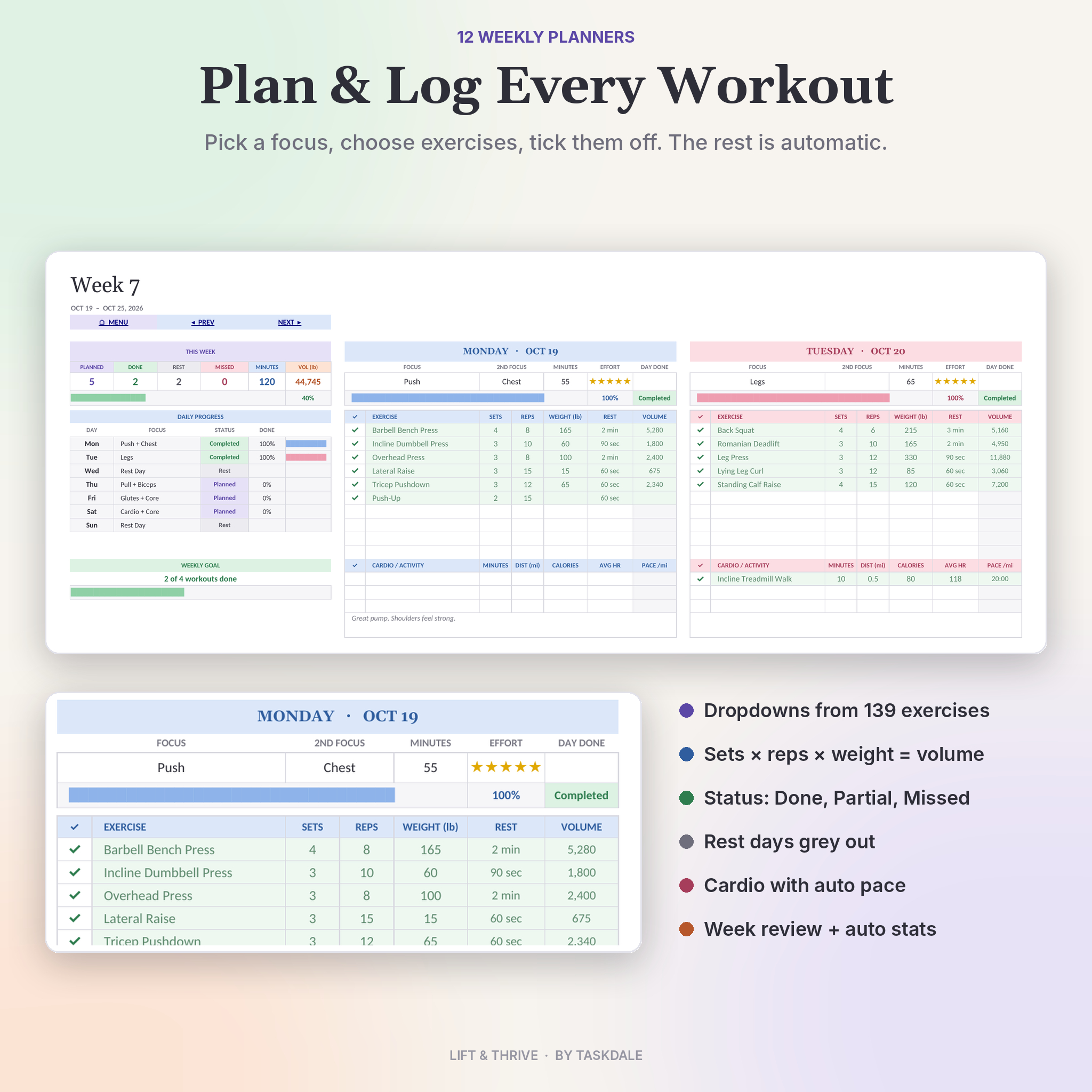 Weekly workout log with exercise dropdowns, sets, reps and volume