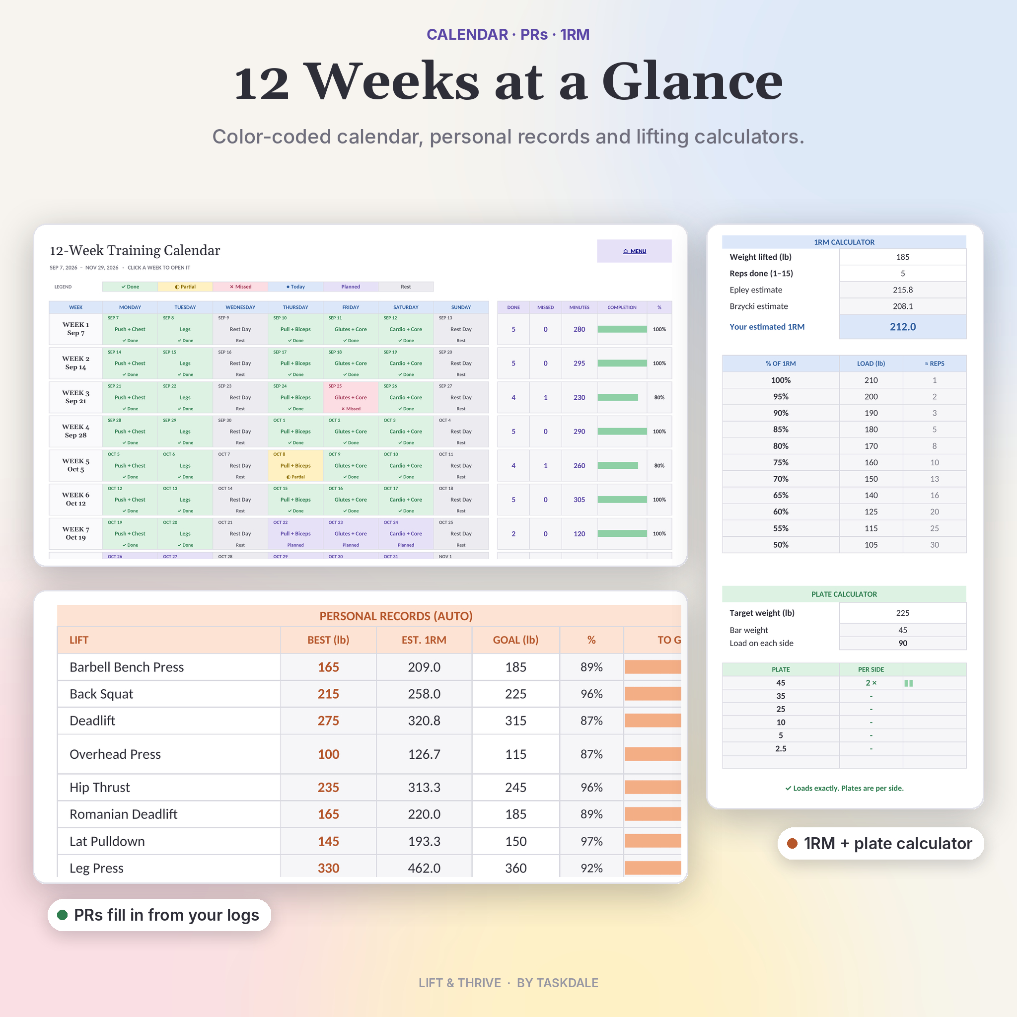 12-week workout calendar with personal records and 1RM calculator