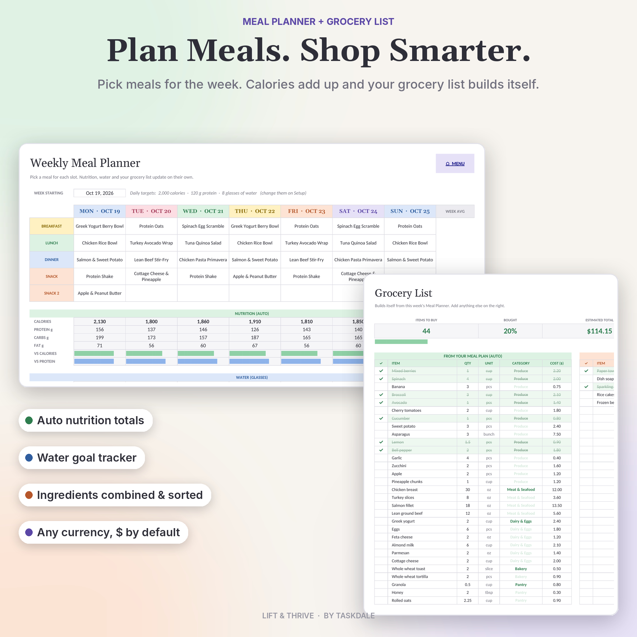 Weekly meal planner with nutrition totals and automatic grocery list