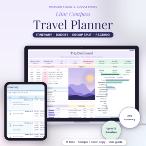 Lilac Compass travel planner spreadsheet for Excel and Google Sheets with trip dashboard