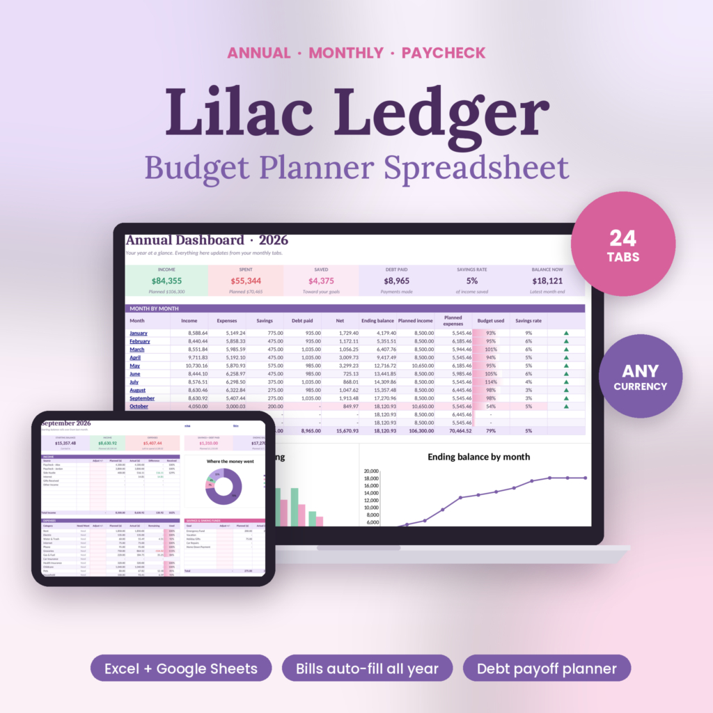Lilac Ledger annual and monthly budget spreadsheet shown on laptop and tablet