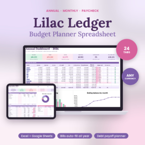 Lilac Ledger annual and monthly budget spreadsheet shown on laptop and tablet
