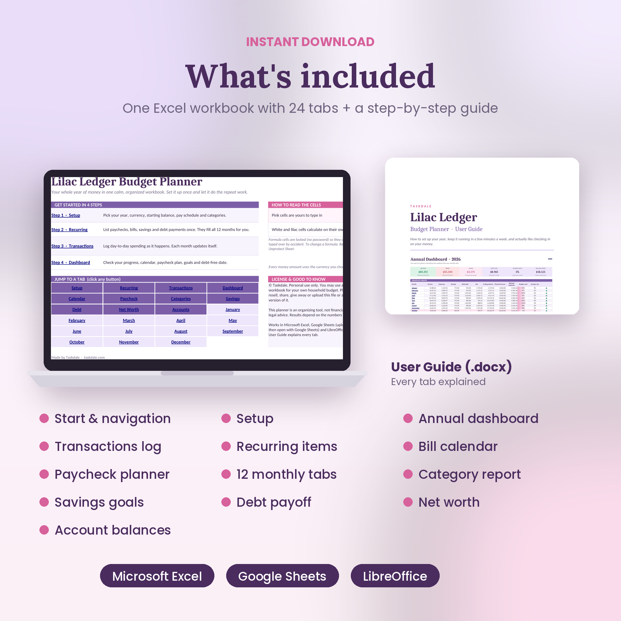 What's included: 24-tab Excel and Google Sheets budget workbook plus user guide