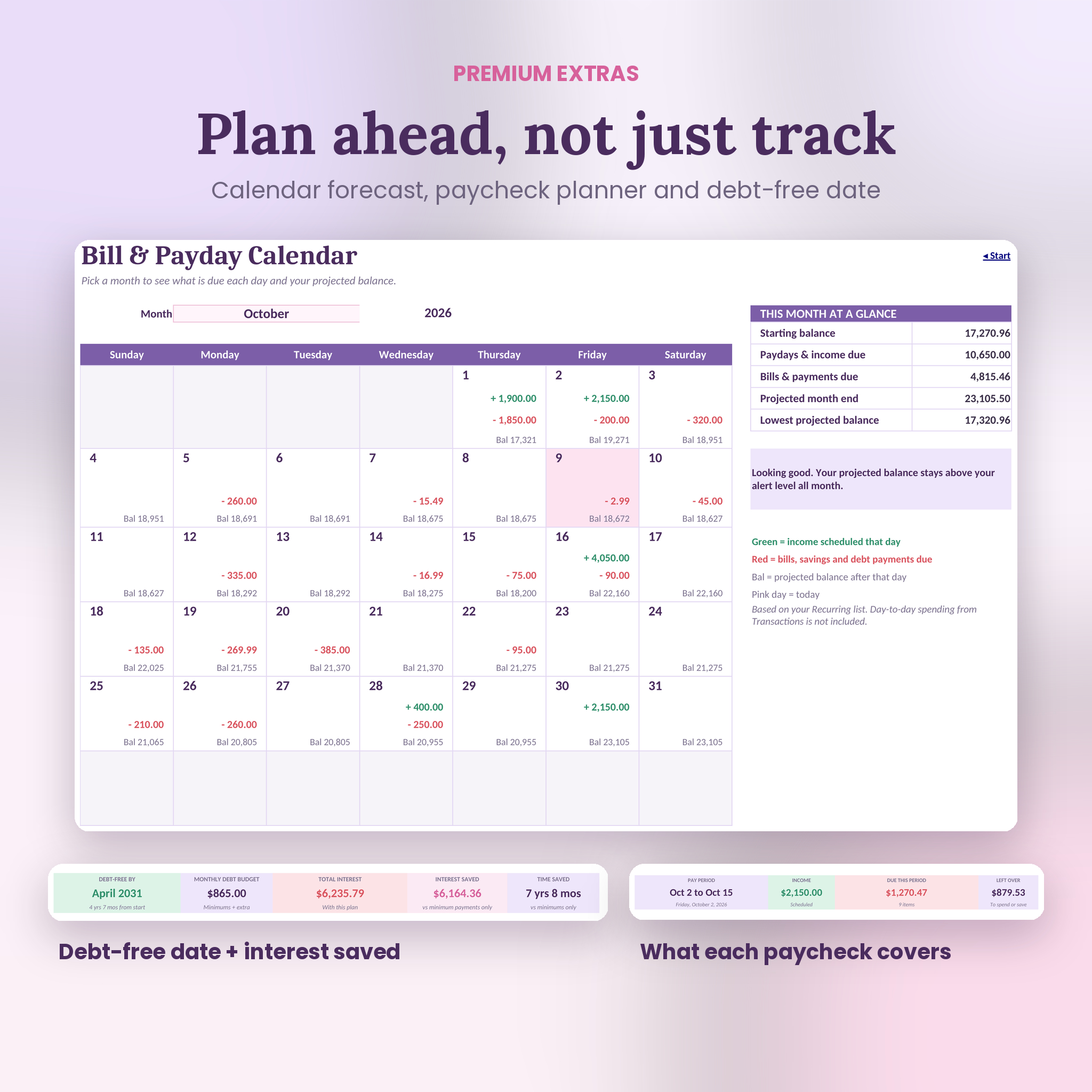 Bill and payday calendar, debt payoff results and paycheck planner