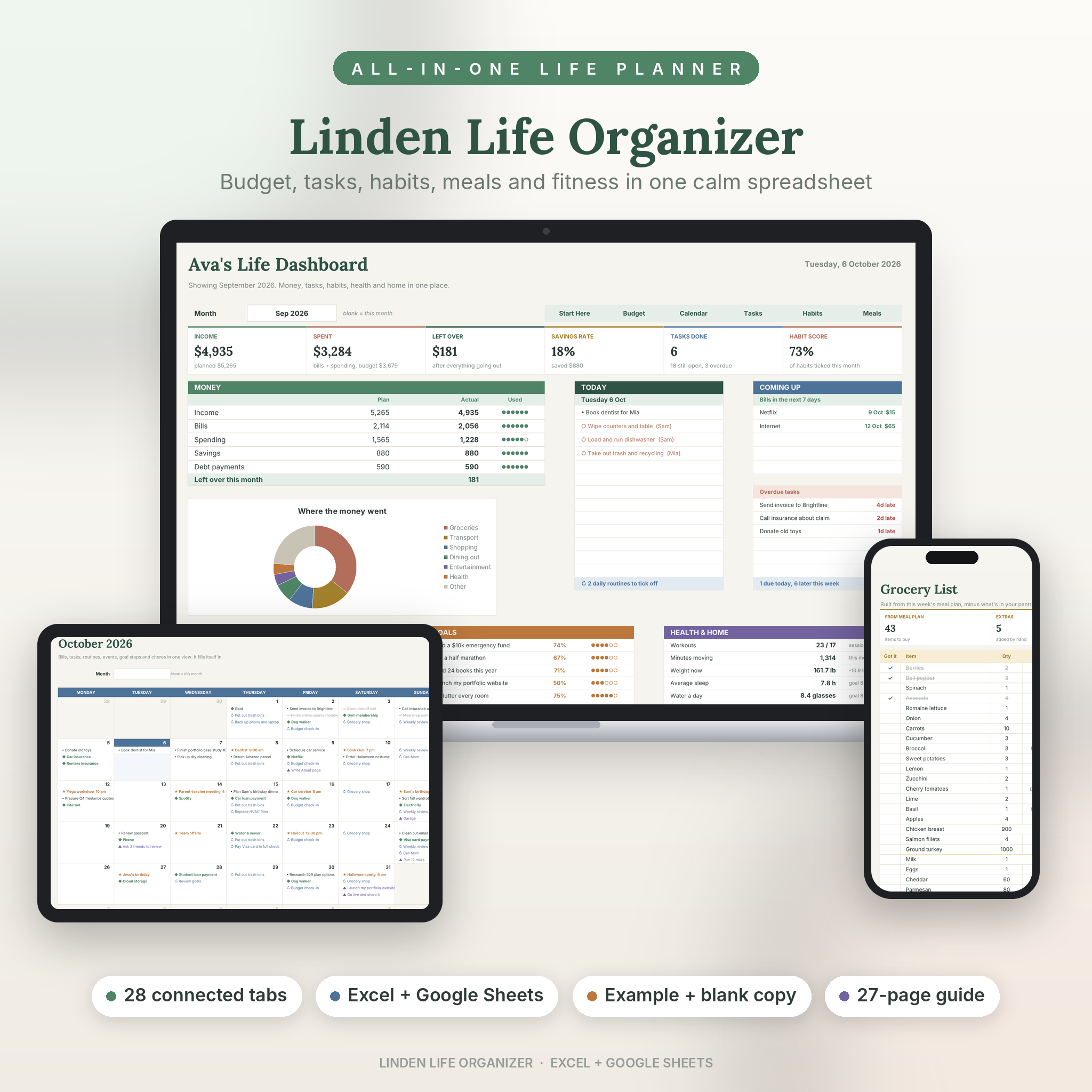 Linden Life Organizer spreadsheet on a laptop, tablet and phone showing the dashboard, calendar and grocery list