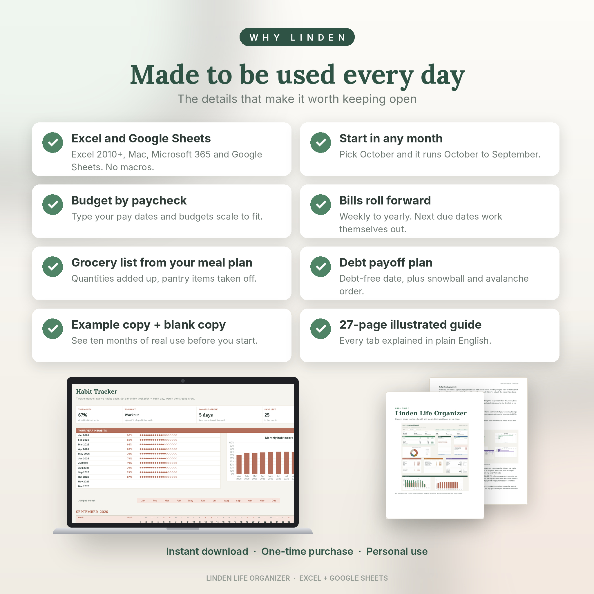 Why choose the Linden Life Organizer: Excel and Google Sheets, paycheck budgeting, auto grocery list