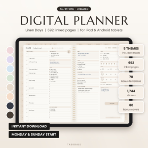 Linen Days undated digital planner on an iPad showing a filled daily page, 8 color themes and feature badges
