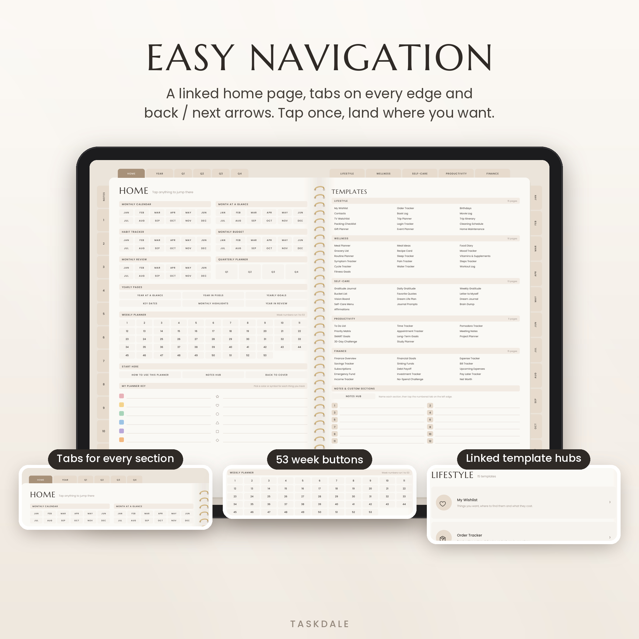 Linked home page and navigation tabs of the Linen Days digital planner