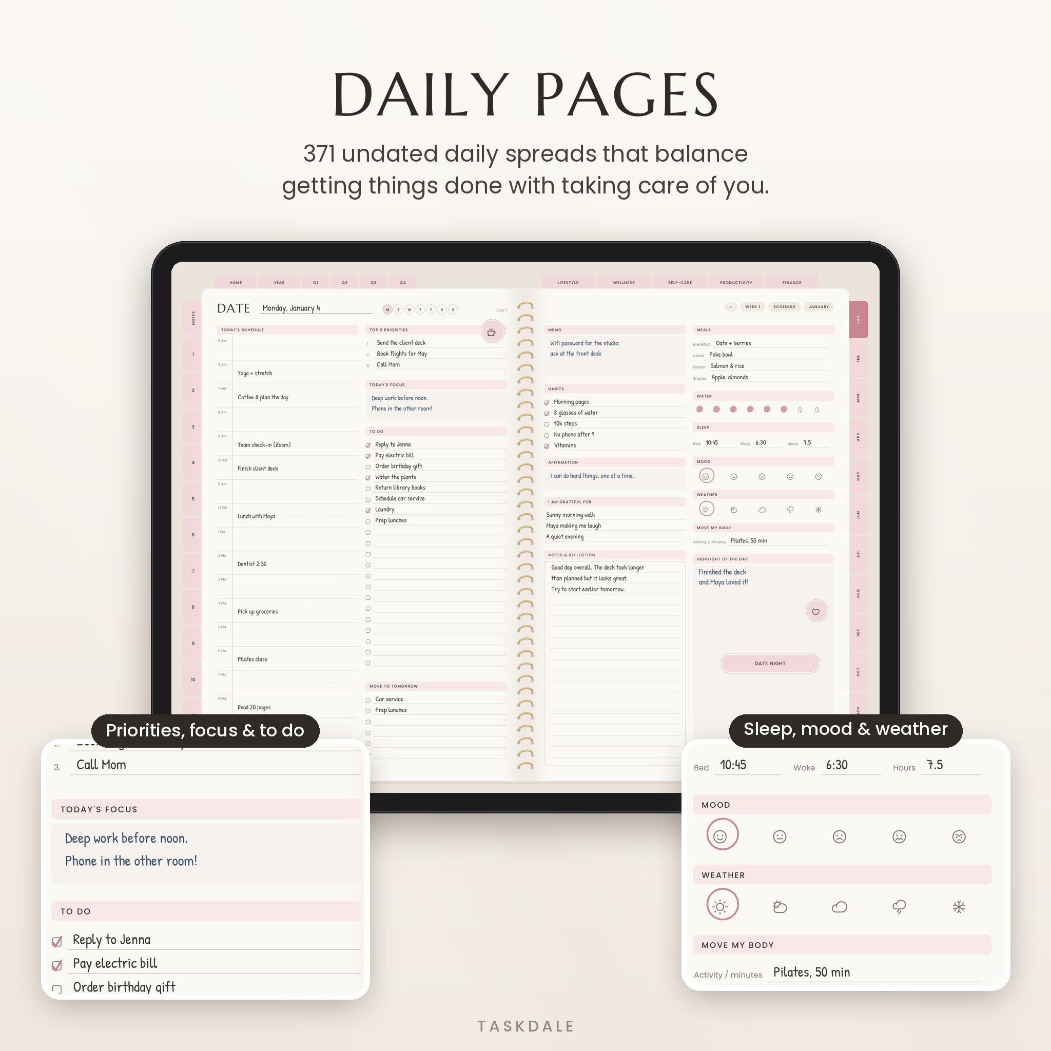 Daily planner page with schedule, priorities, to do list, water, sleep, mood and weather trackers