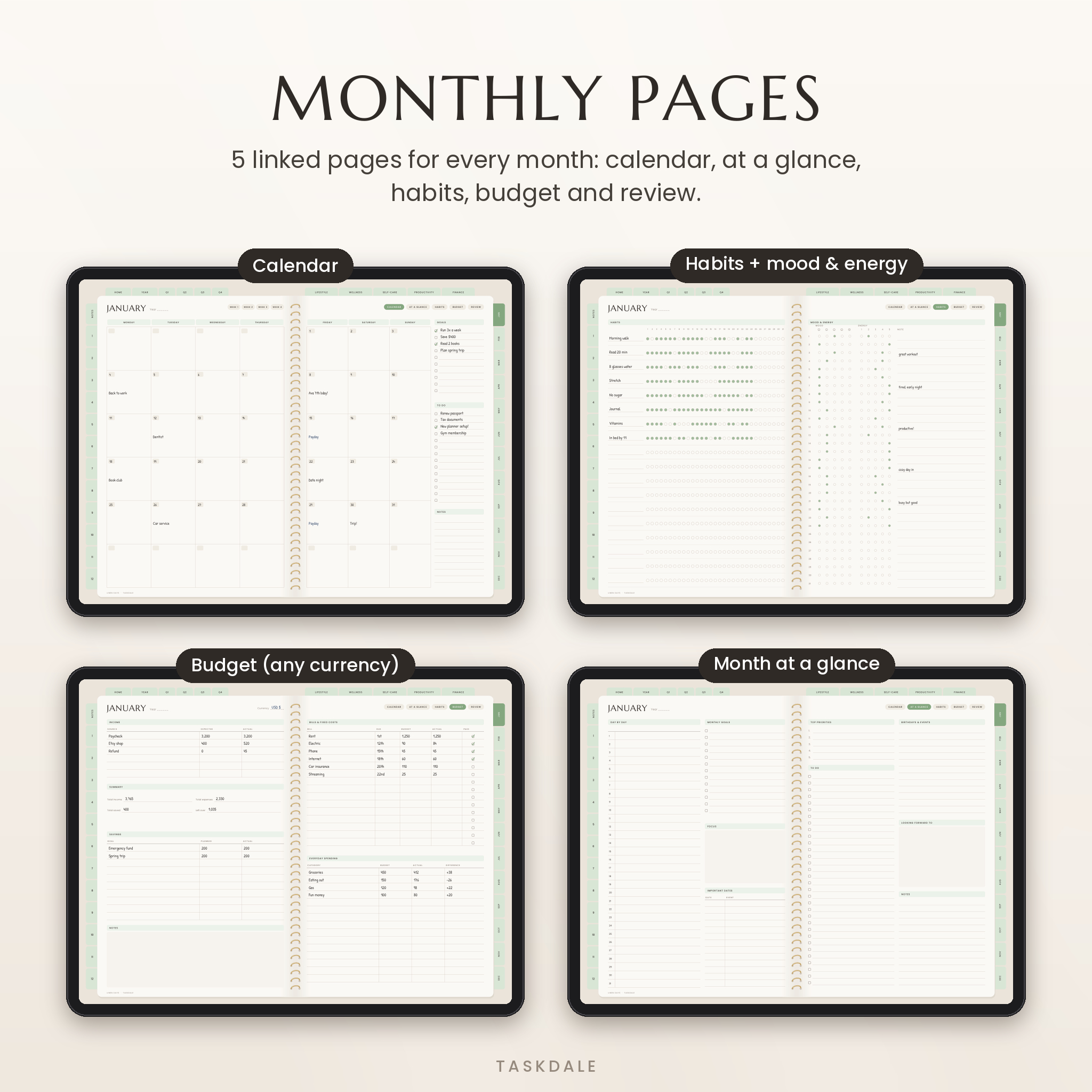 Monthly calendar, habit tracker, budget and month at a glance pages