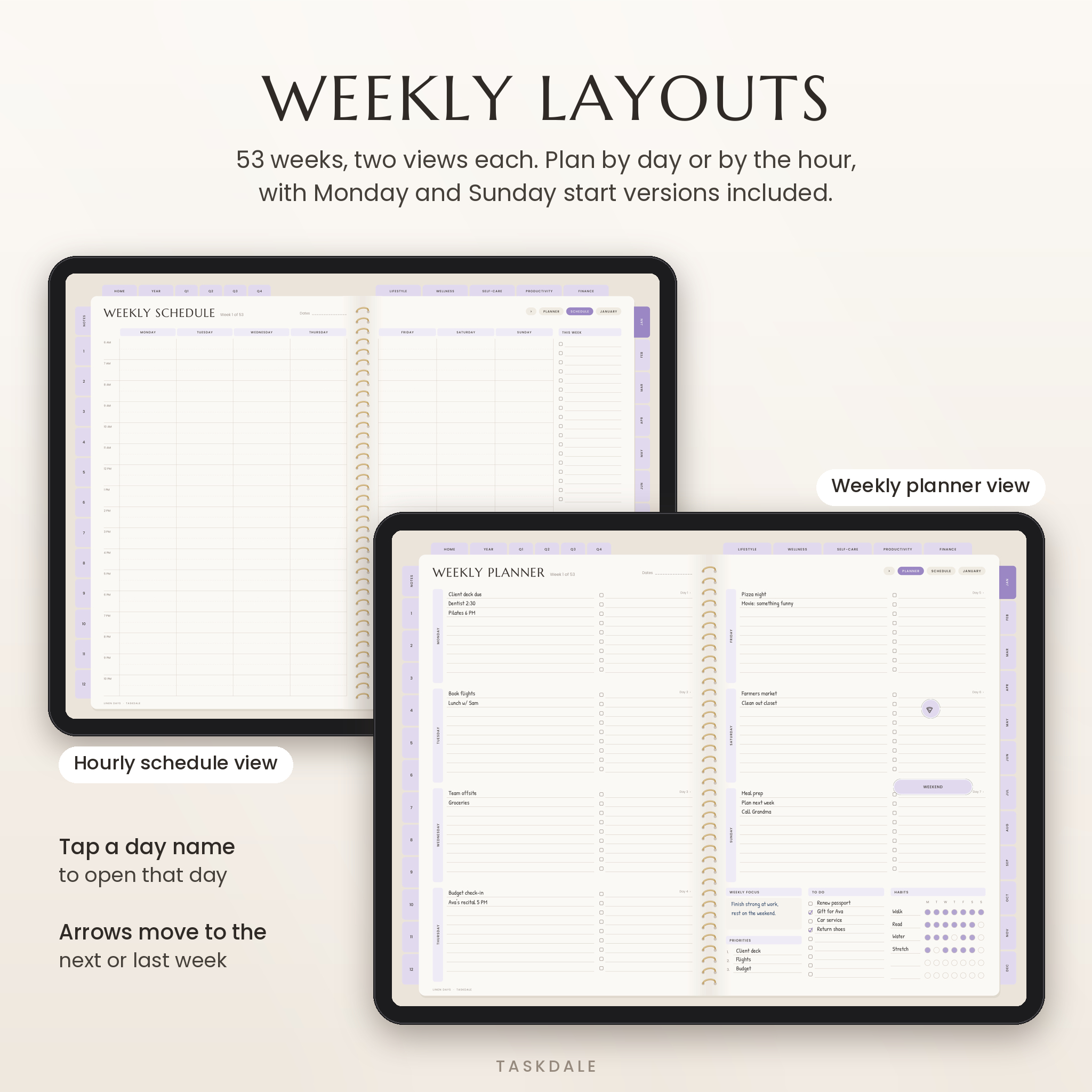 Weekly planner and hourly weekly schedule layouts