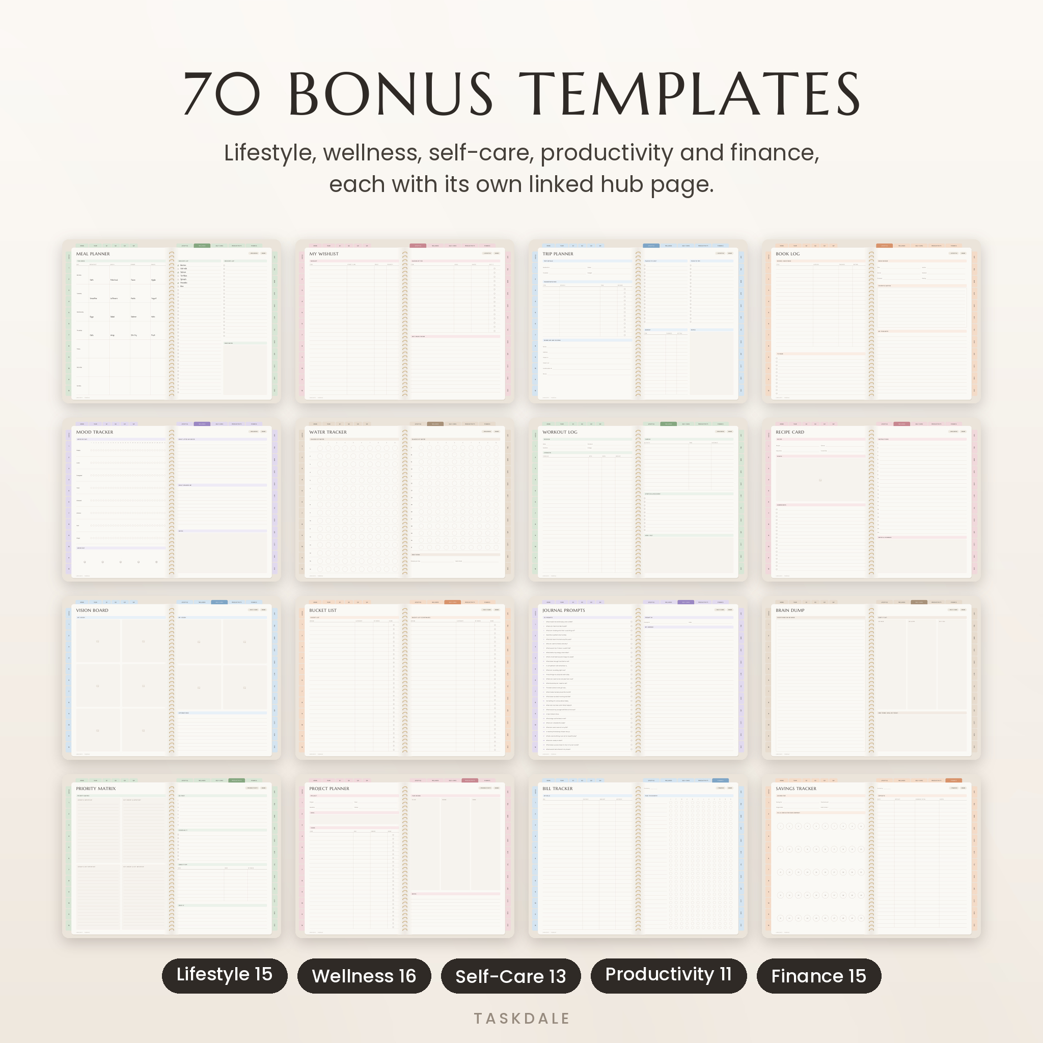 Bonus templates including meal planner, budget, vision board and project planner