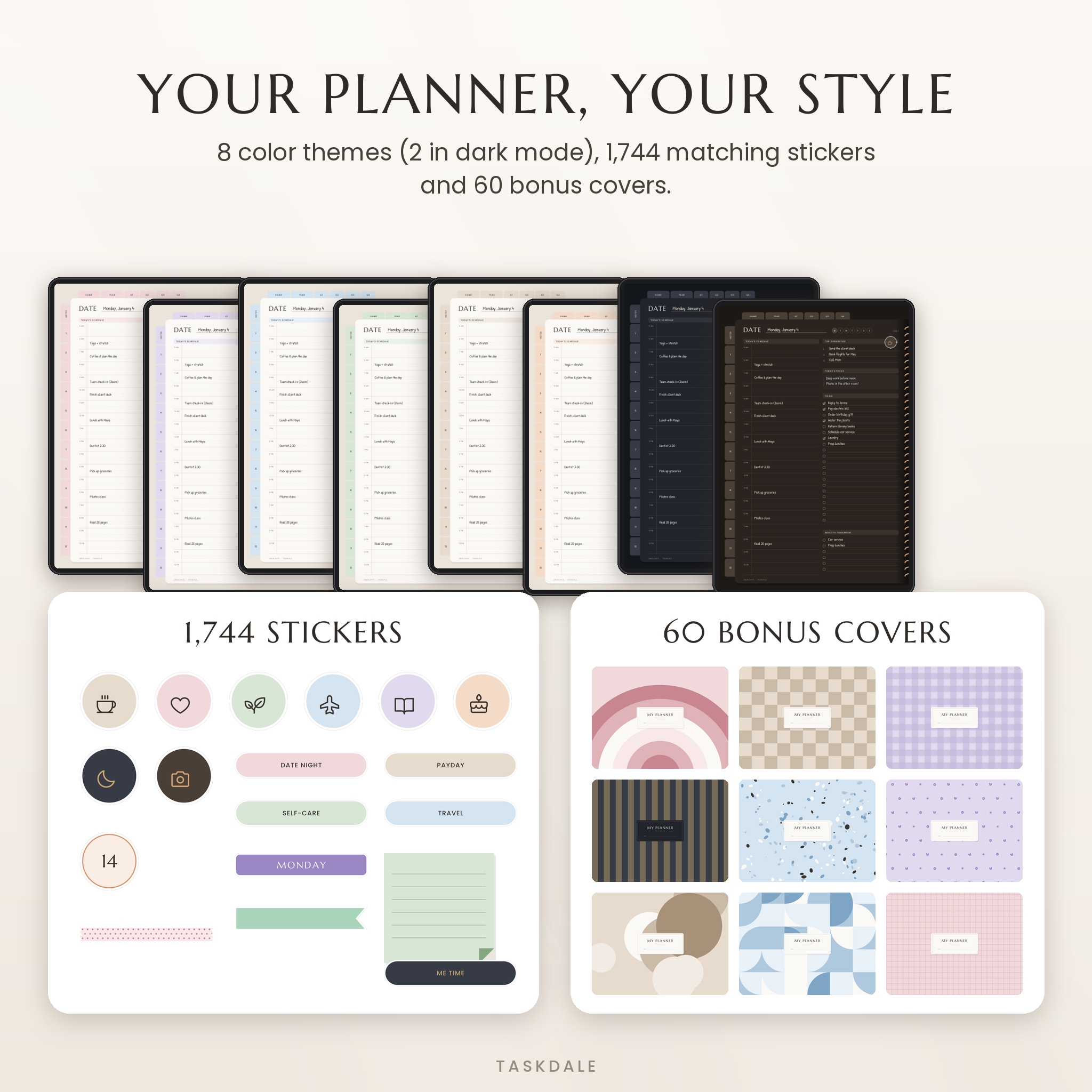 Eight color themes including dark mode, digital stickers and bonus covers
