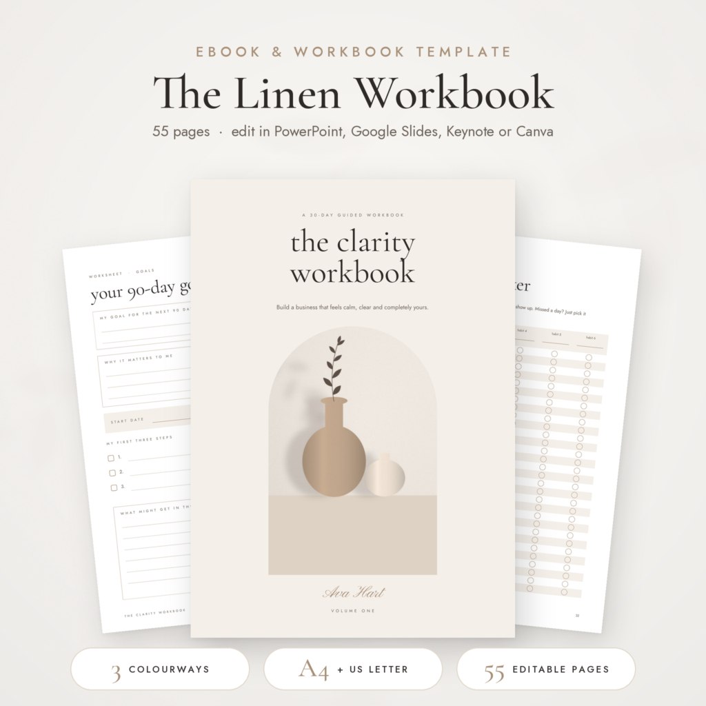 Linen ebook and workbook template hero, 55 editable pages
